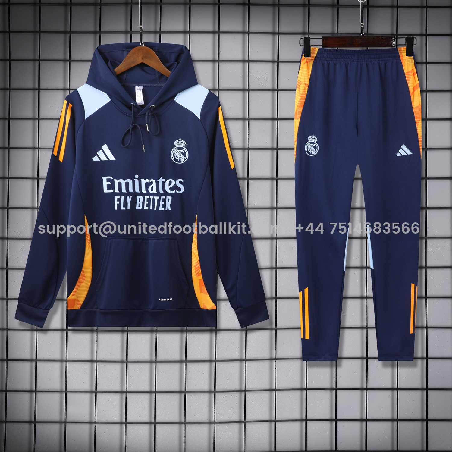 Unitedfootballkit.com | Real Madrid 24-25 Training Hoodie Set - Royal Blue Hoodie and Pants -Customize Name, Number and Patch | Worldwide Shipping