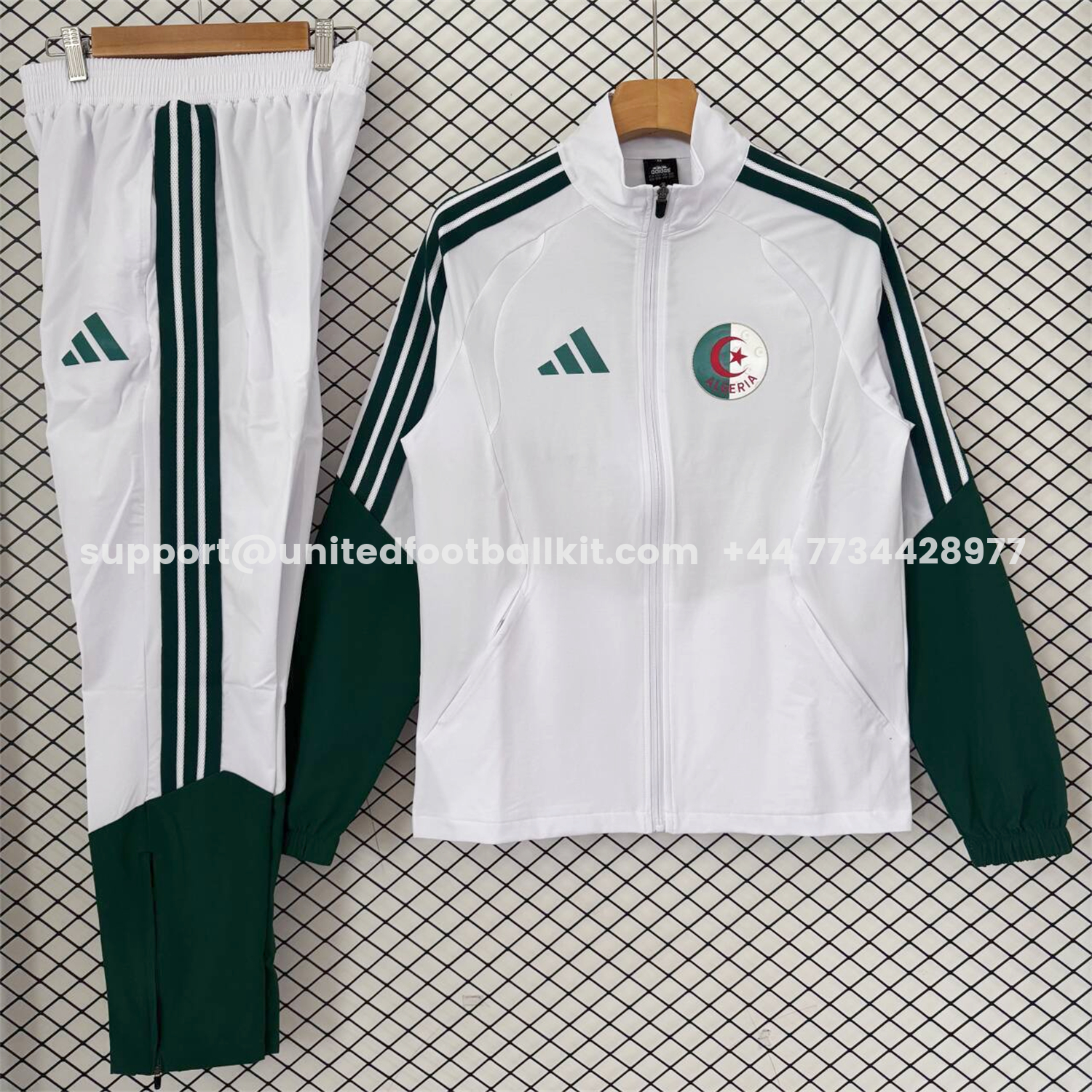 Unitedfootballkit.com | Algeria 25-26 Windbreaker Training Set - White With Black Top and Pants -Customize Name, Number and Patch | Worldwide Shipping