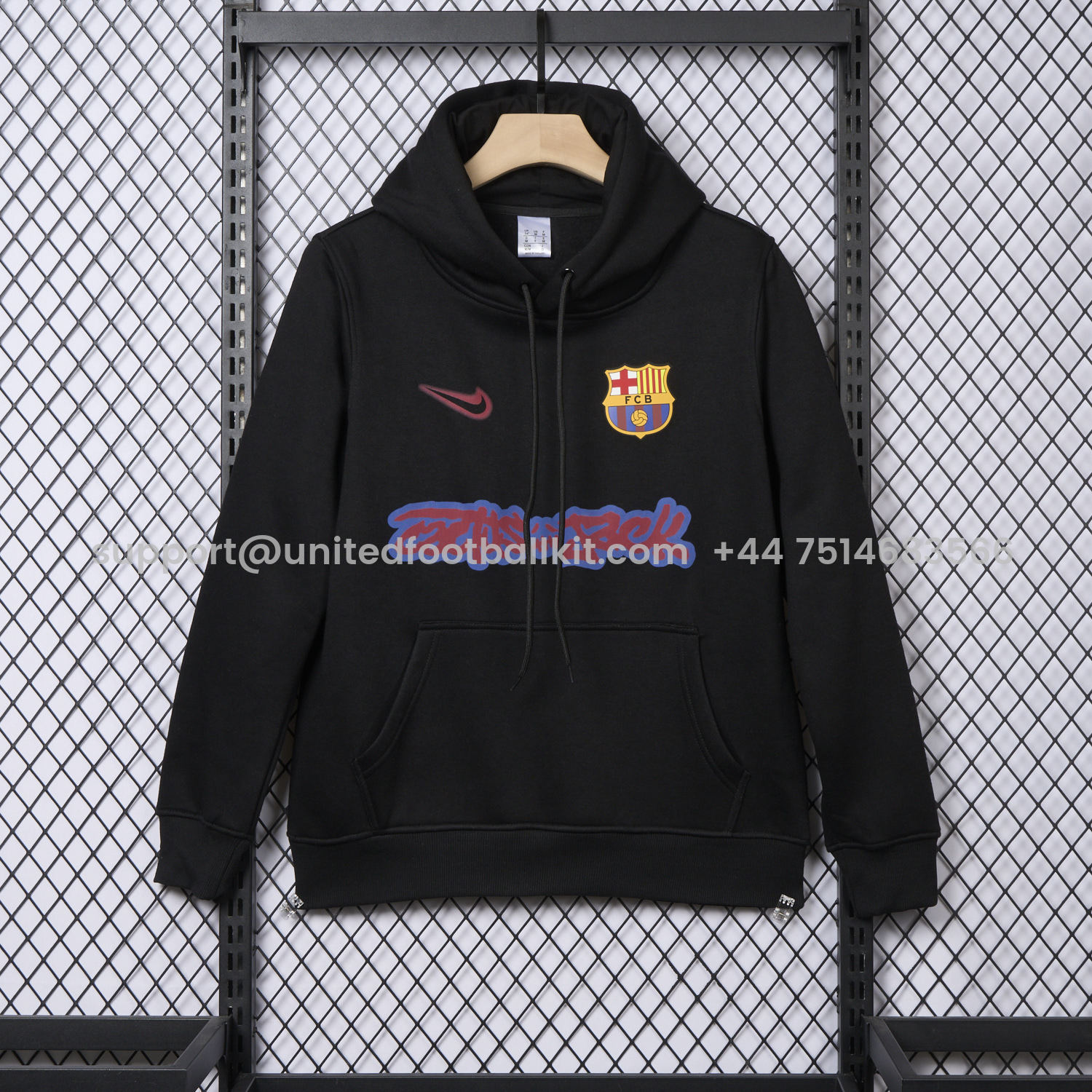 Unitedfootballkit.com | Barcelona x Travis Scott Black Unisex Pullover Hoodie -Customize Name, Number and Patch | Worldwide Shipping