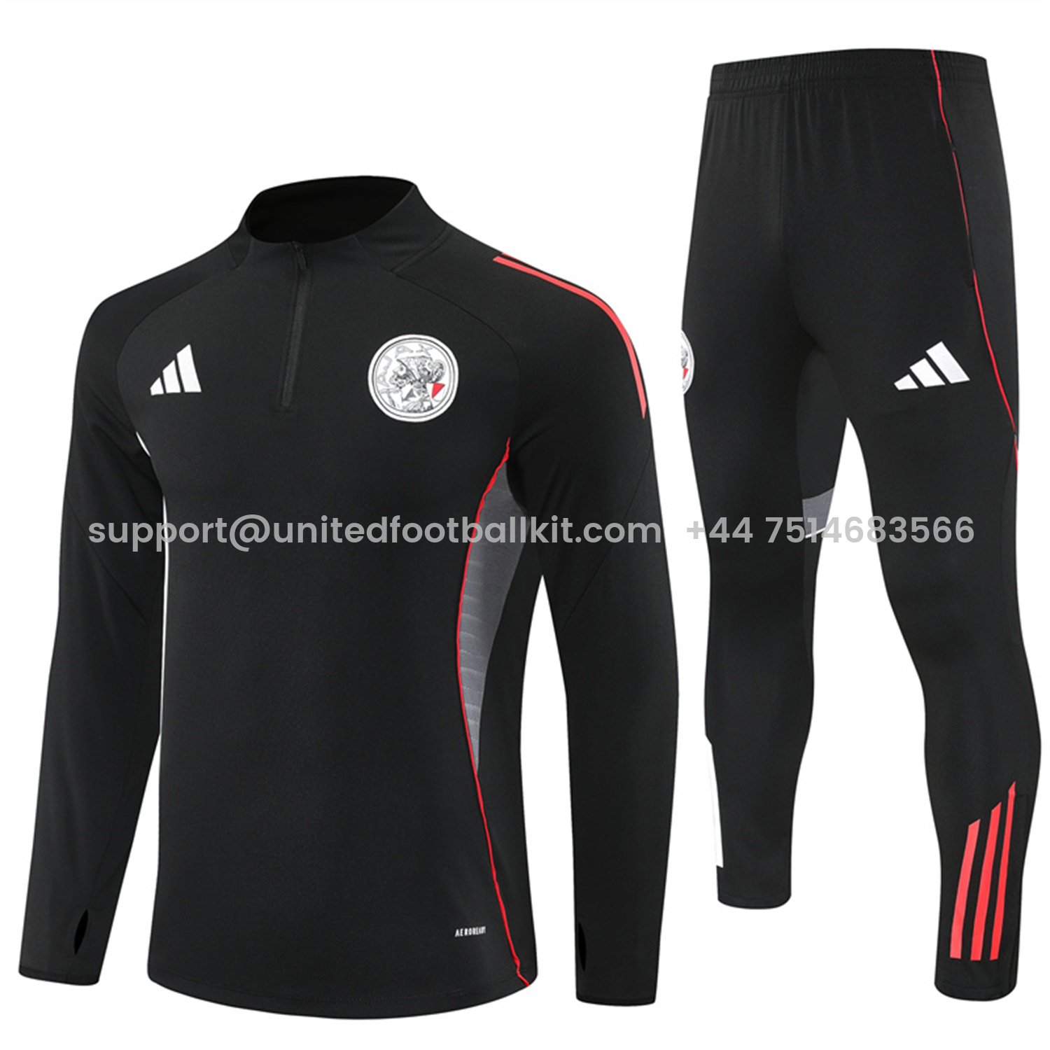 Unitedfootballkit.com | Ajax 25-26 Long Sleeve Training Set - Black Top and Black Pants -Customize Name, Number and Patch | Worldwide Shipping