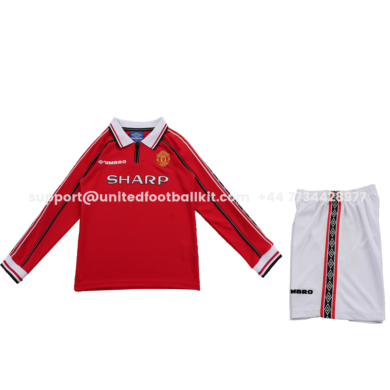 Unitedfootballkit.com | Retro Manchester United 1998-99 Home Long Sleeves Kids Kit -Customize Name, Number and Patch | Worldwide Shipping