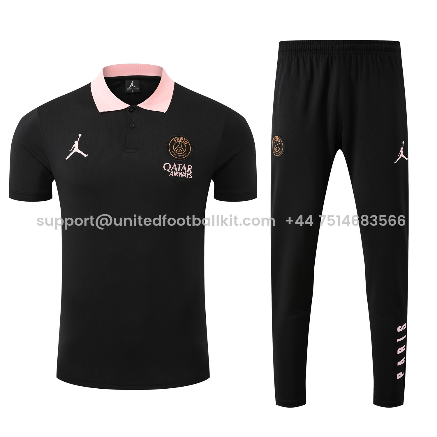 Unitedfootballkit.com | Paris Saint-Germain PSG 25-26 POLO Short-Sleeve Training Set - Black Top and Pants -Customize Name, Number and Patch | Worldwide Shipping