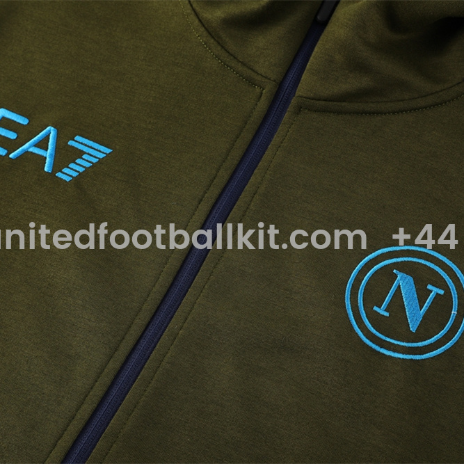 Unitedfootballkit.com | Napoli 24-25 Hooded Jacket Training Tracksuit - Army Green Top and Deep Blue Pants -Customize Name, Number and Patch | Worldwide Shipping