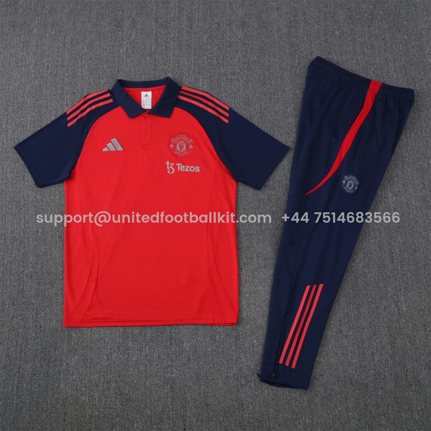 Unitedfootballkit.com | Manchester United 25-26 POLO Short-Sleeve Training Set - Red Top and Deep Blue Pants -Customize Name, Number and Patch | Worldwide Shipping