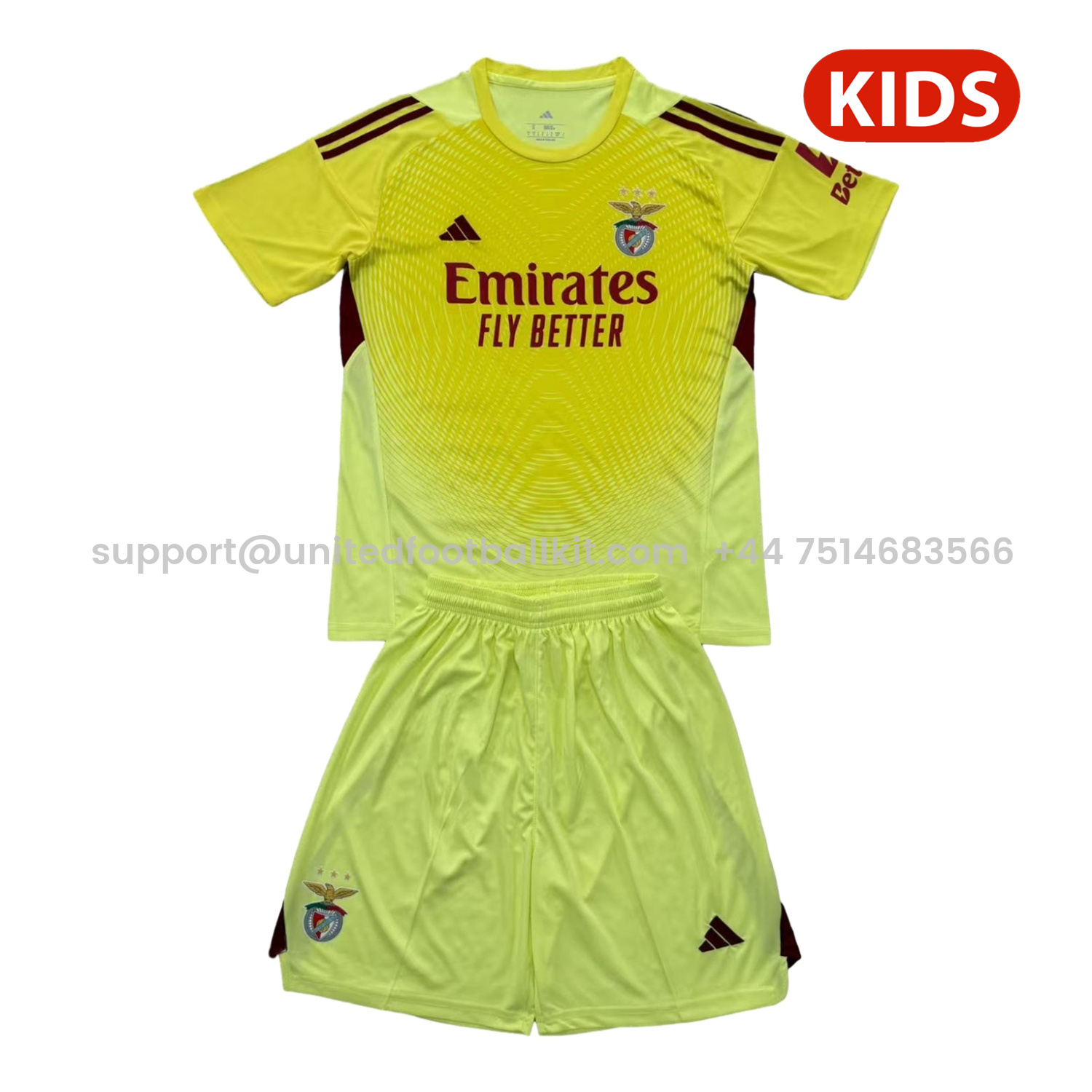 Unitedfootballkit.com | Benfica 25-26 Yellow Goalkeeper Kids Kit -Customize Name, Number and Patch | Worldwide Shipping