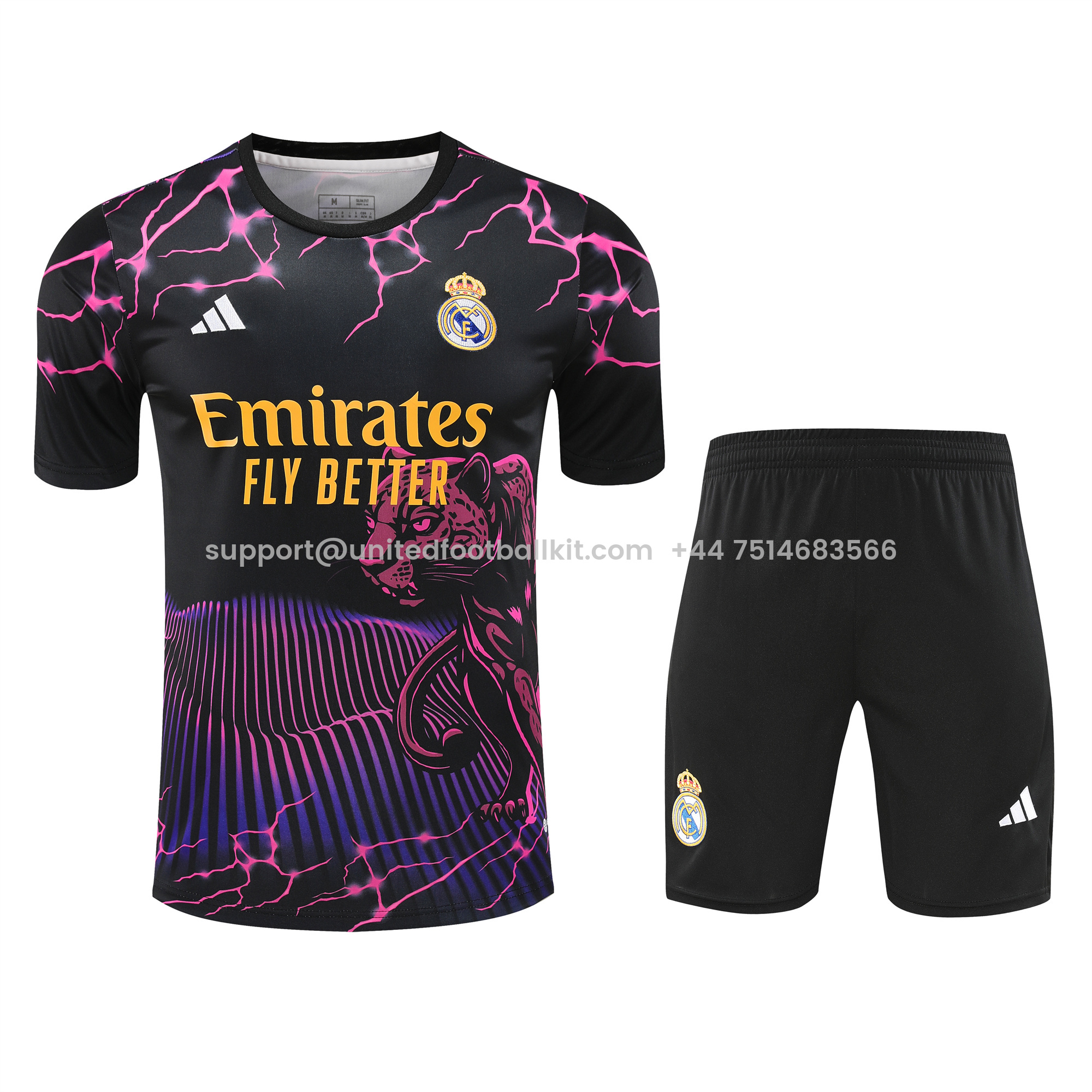 Unitedfootballkit.com | Real Madrid 24-25 Short-Sleeve Training Set - Purple Leopard Top & Black Shorts -Customize Name, Number and Patch | Worldwide Shipping