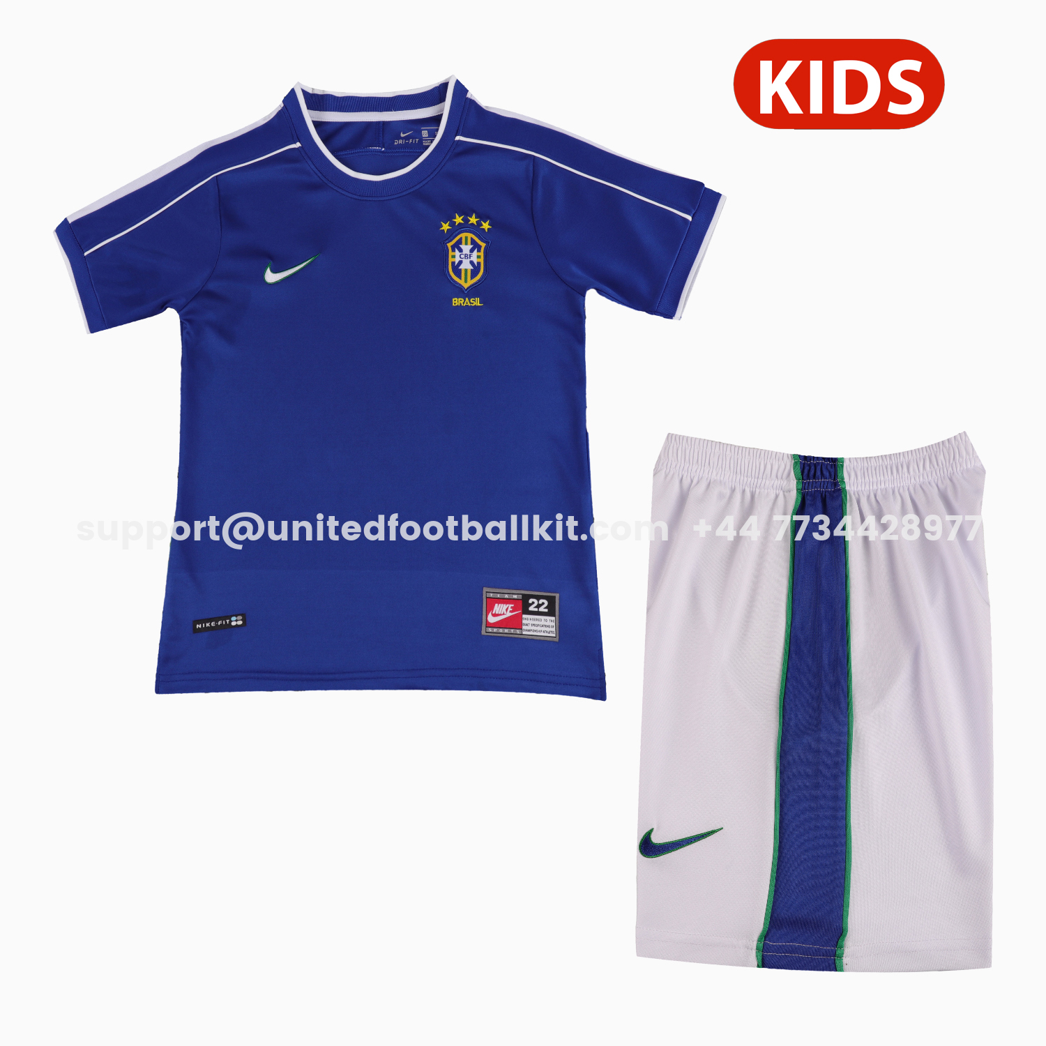 Unitedfootballkit.com | Retro Brazil 1998 Away Kids Kit -Customize Name, Number and Patch | Worldwide Shipping