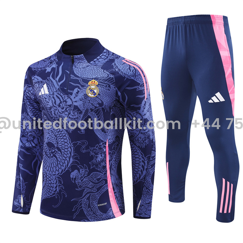 Unitedfootballkit.com | Real Madrid 24-25 Long Sleeve Training Set - Blue Dragon -Customize Name, Number and Patch | Worldwide Shipping