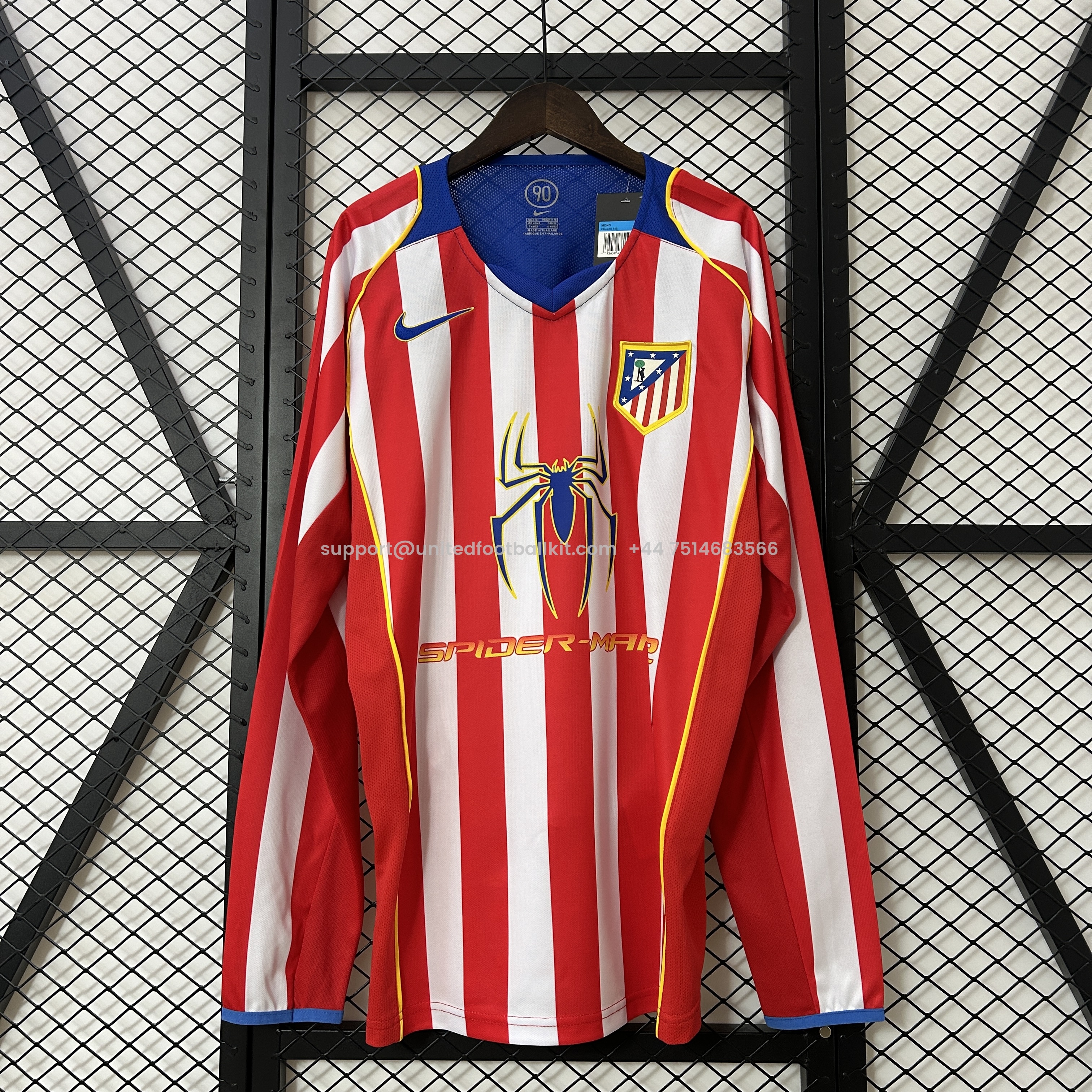 Unitedfootballkit.com | Retro Atletico Madrid 2004-05 Home Long Sleeves Jersey - S.p.i.d.e.r M.a.n -Customize Name, Number and Patch | Worldwide Shipping