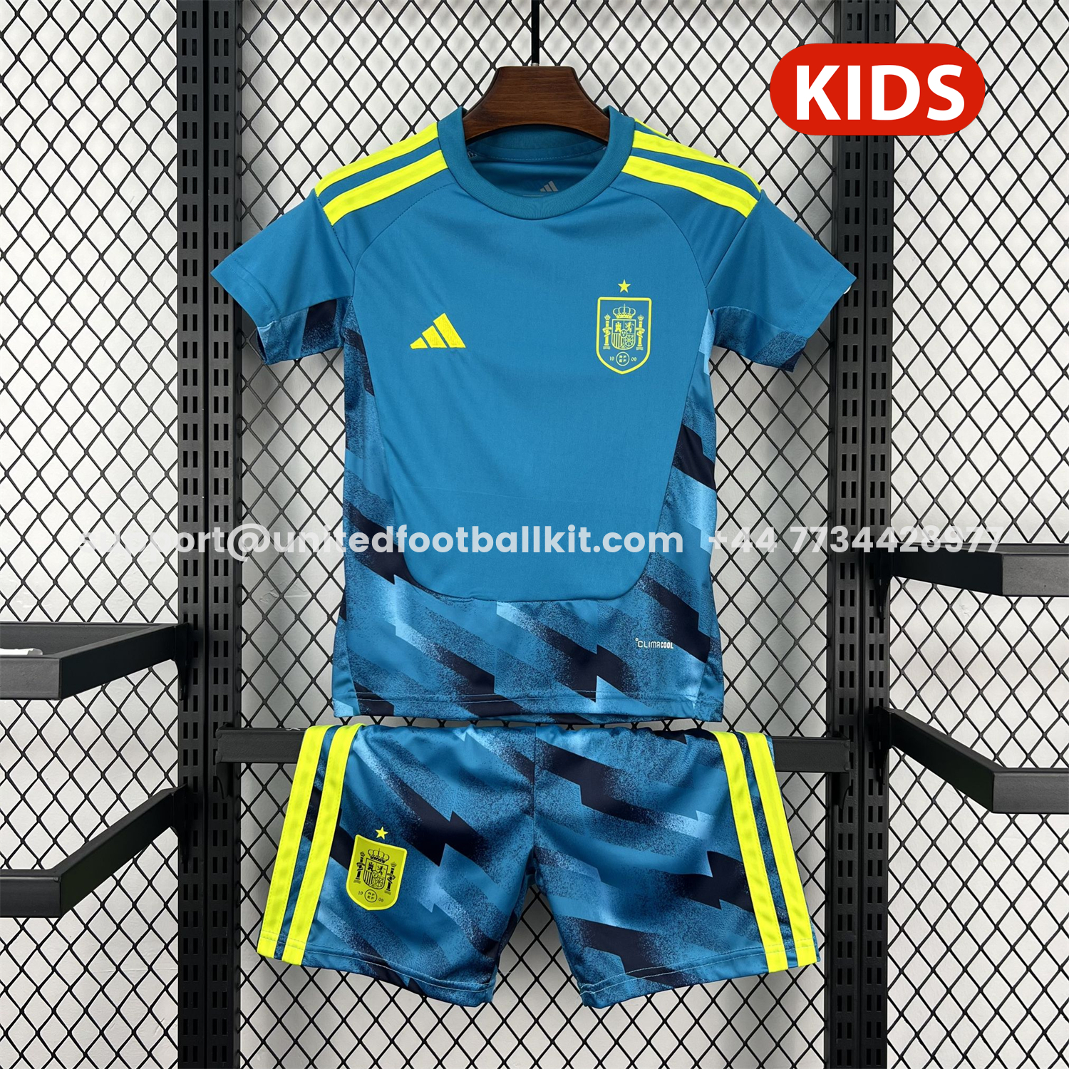Unitedfootballkit.com | Spain 2026 Lake Blue Goalkeeper Kids Kit -Customize Name, Number and Patch | Worldwide Shipping