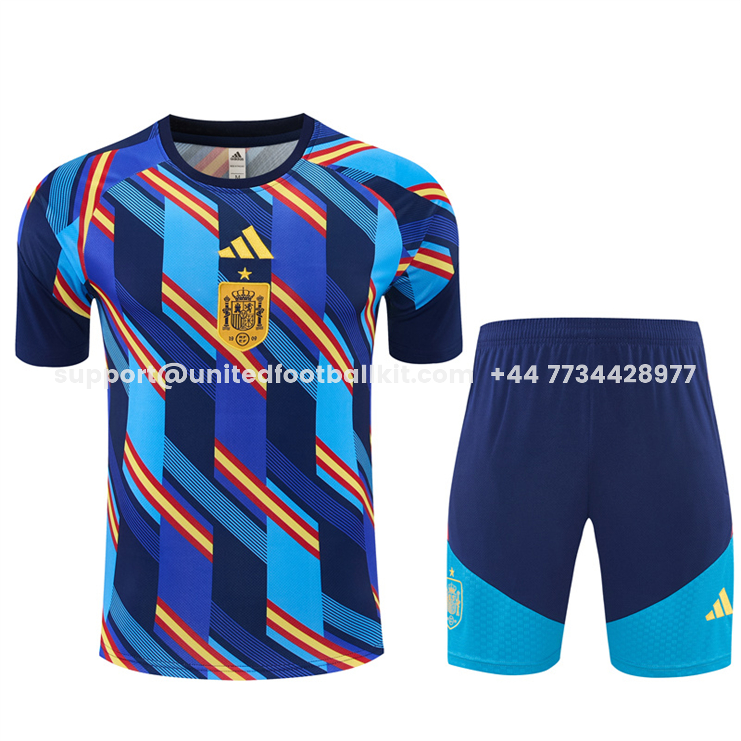 Unitedfootballkit.com | Spain 2026 Kids Short-Sleeve Training Set - Royal Blue And Yellow Top & Royal Blue Shorts -Customize Name, Number and Patch | Worldwide Shipping