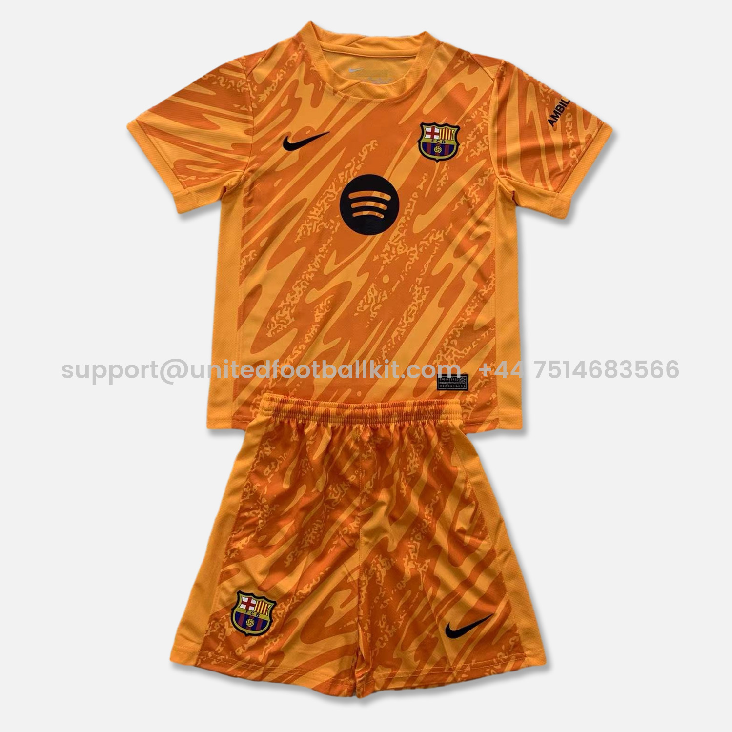 Unitedfootballkit.com | Barcelona 24-25 Orange Goalkeeper Kids Kit -Customize Name, Number and Patch | Worldwide Shipping