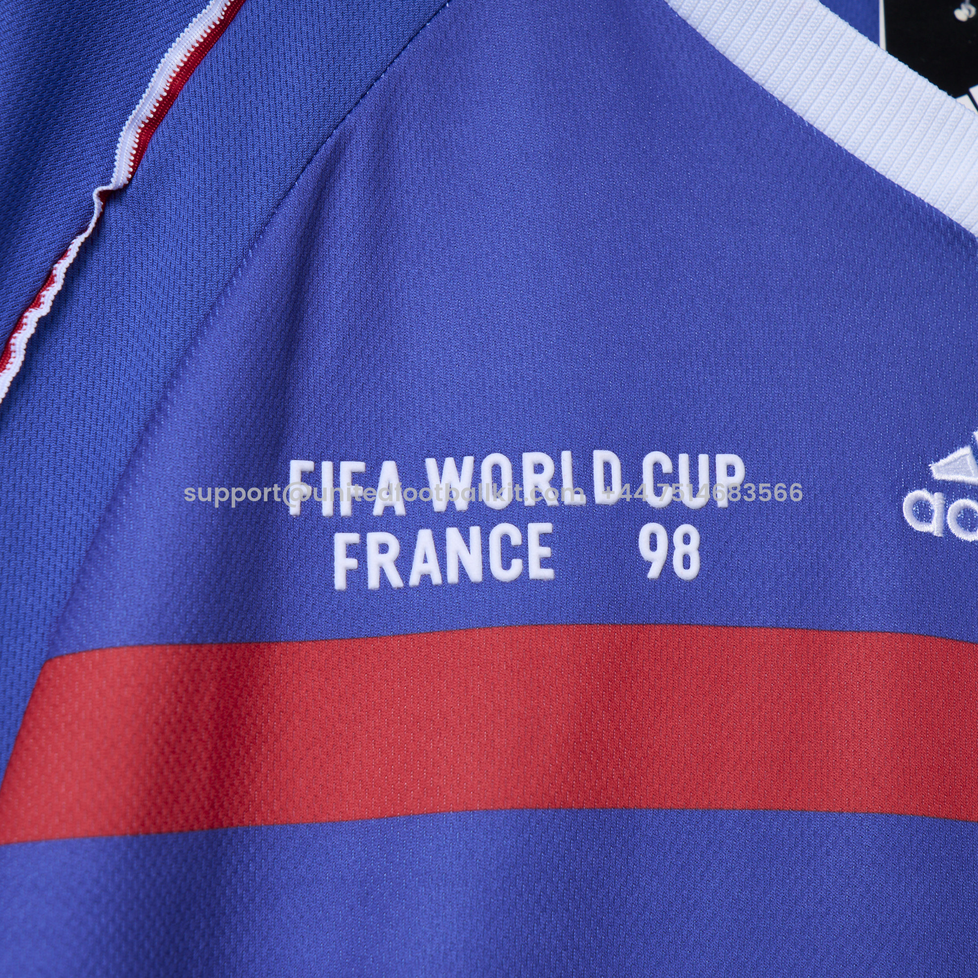 Unitedfootballkit.com | Retro France 1998 Home Stadium Jersey (with 1998 World Cup mark on right chest) -Customize Name, Number and Patch | Worldwide Shipping