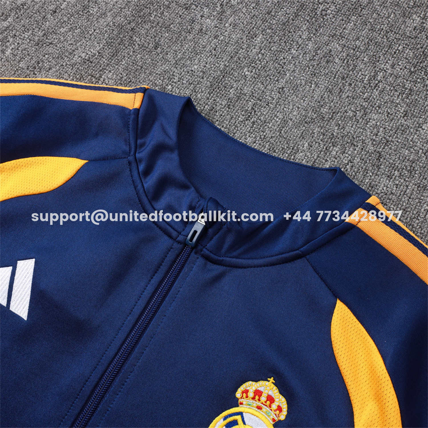 Unitedfootballkit.com | Real Madrid 26-27 Long Sleeves Training Set - Yellow Edge Deep Blue Top And Pants -Customize Name, Number and Patch | Worldwide Shipping