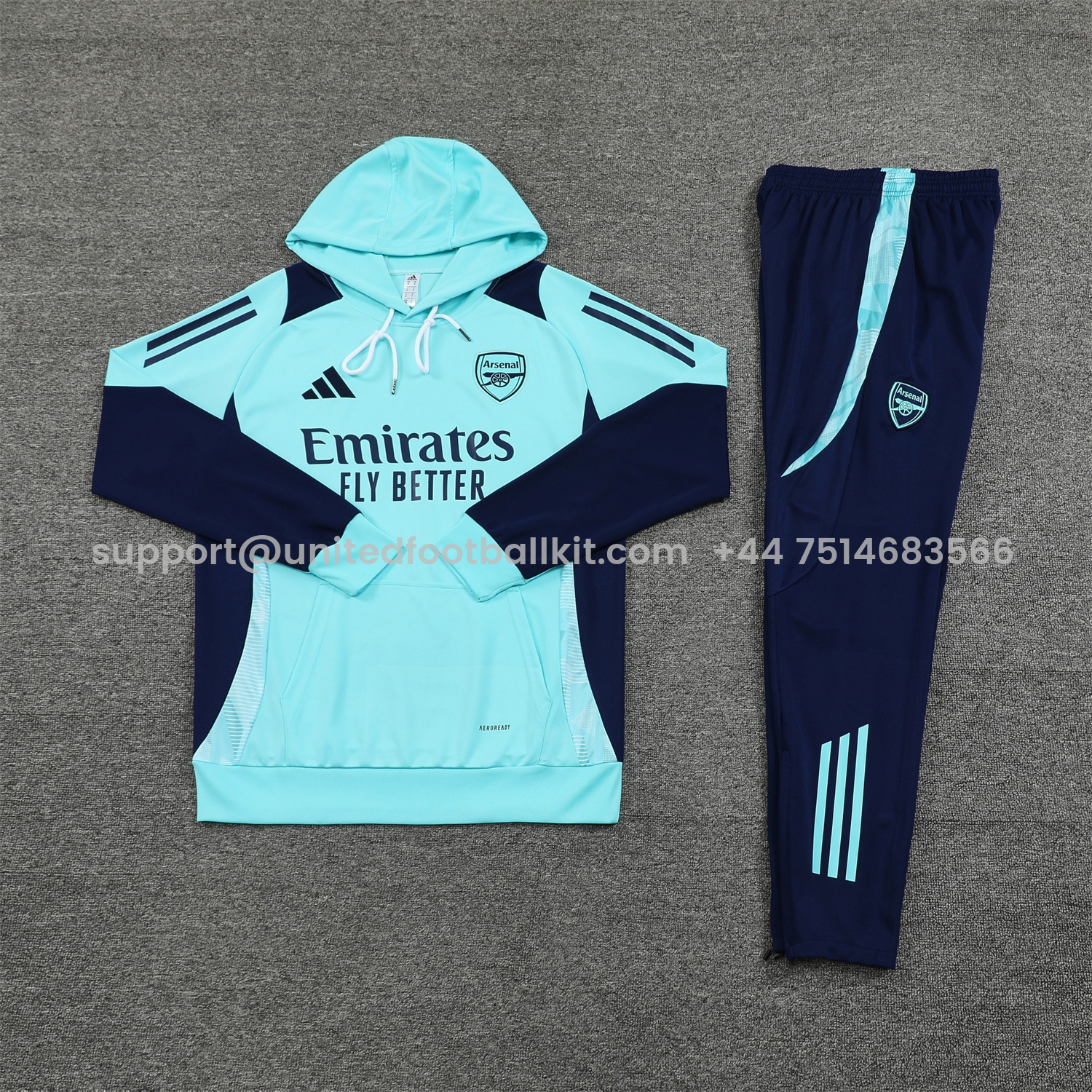 Unitedfootballkit.com | Arsenal 24-25 Training Hoodie Set - Cyan Hoodie and Deep Blue Pants -Customize Name, Number and Patch | Worldwide Shipping