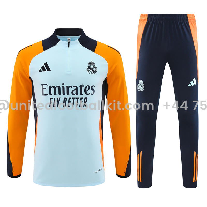Unitedfootballkit.com | Real Madrid 24-25 Long Sleeve Training Set - Blue & Orange -Customize Name, Number and Patch | Worldwide Shipping