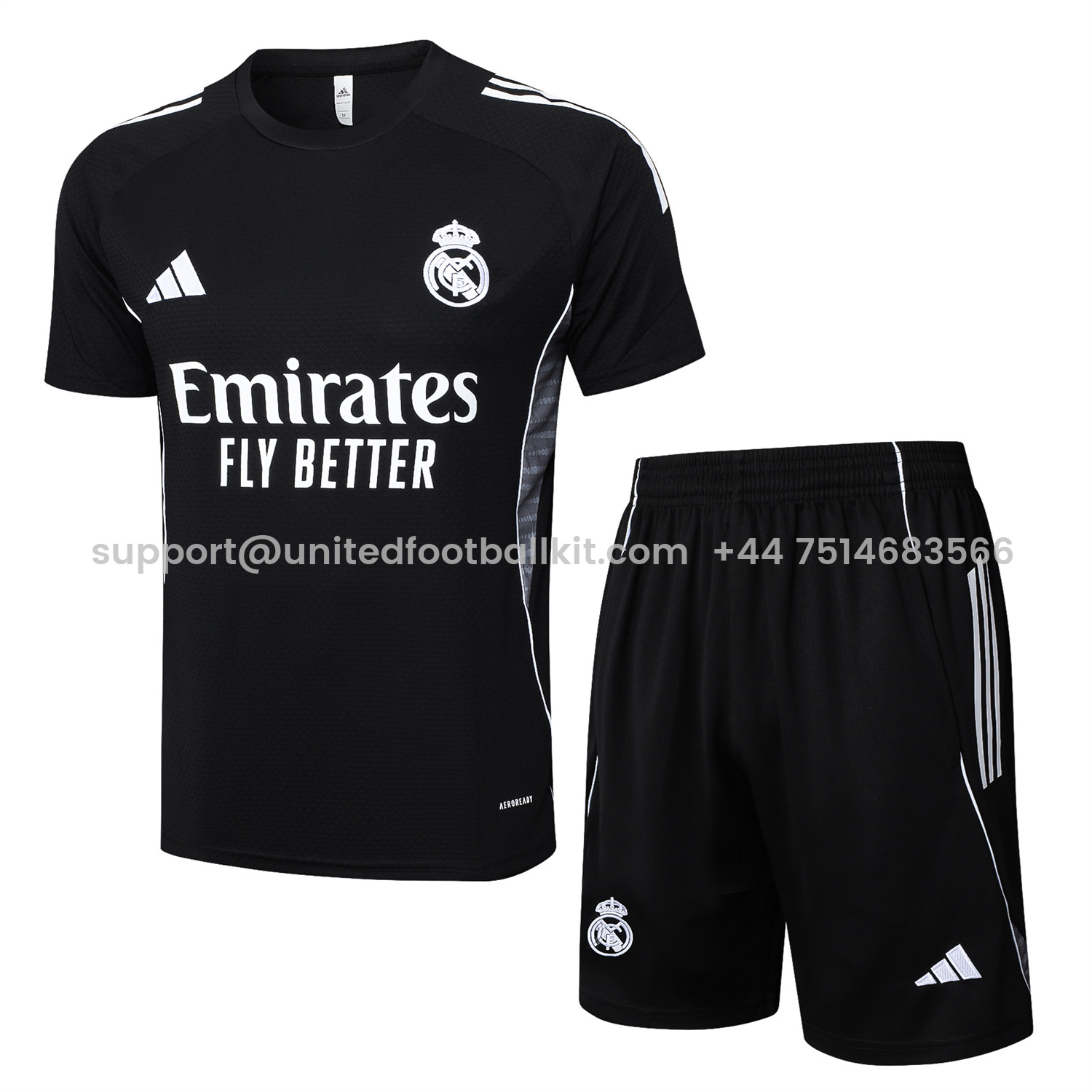 Unitedfootballkit.com | Real Madrid 25-26 Short-Sleeve Training Set - Black Top and Black Shorts -Customize Name, Number and Patch | Worldwide Shipping