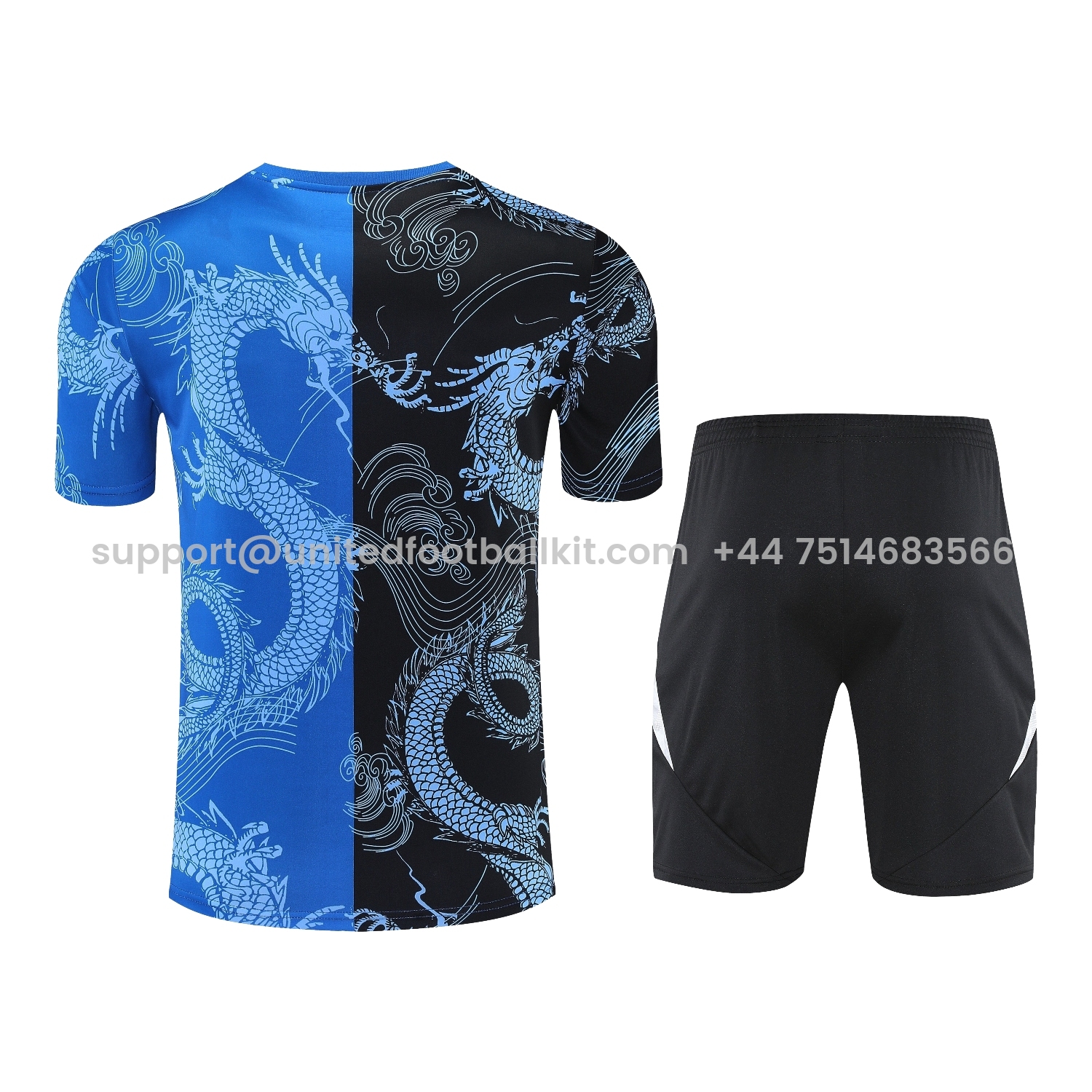 Unitedfootballkit.com | Real Madrid 25-26 Short-Sleeve Training Set - Blue Black Dragon Top & Black-White Shorts -Customize Name, Number and Patch | Worldwide Shipping