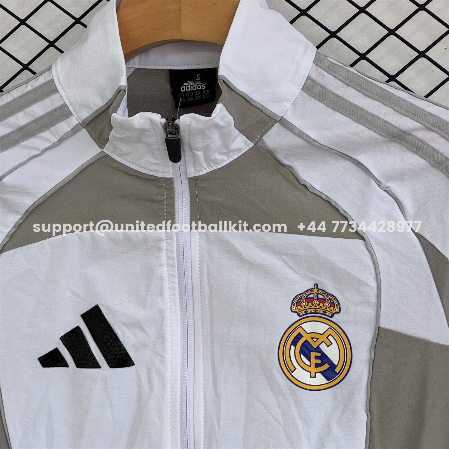 Unitedfootballkit.com | Real Madrid 25-26 Windbreaker Training Set - White With Grey Top and Grey Pants -Customize Name, Number and Patch | Worldwide Shipping