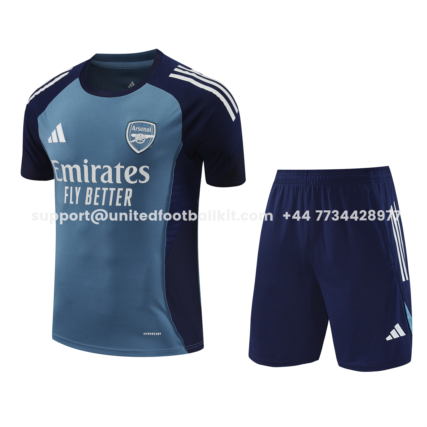 Unitedfootballkit.com | Arsenal 25-26 Short-Sleeve Training Set - Grey Blue Top & Dark Blue Shorts -Customize Name, Number and Patch | Worldwide Shipping