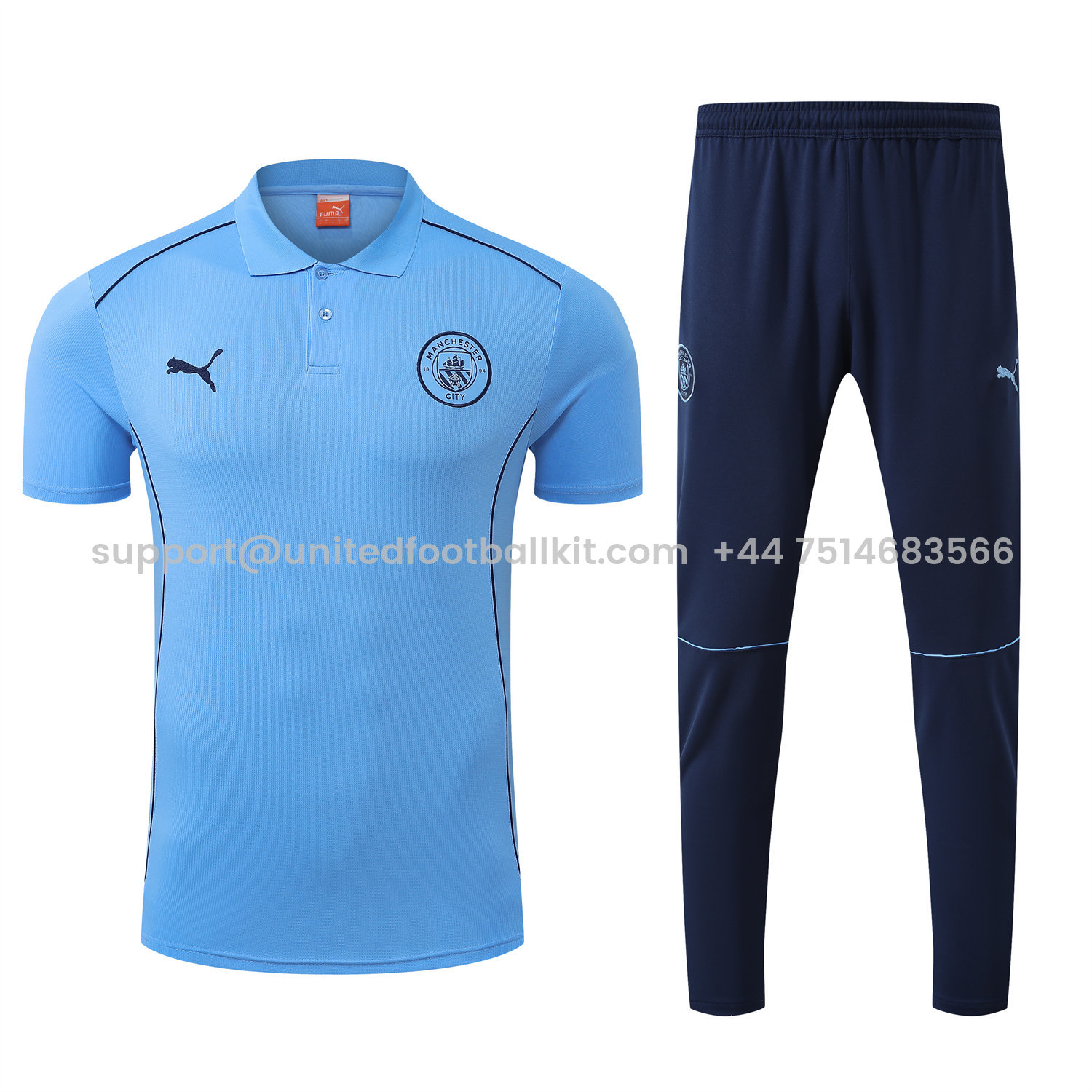 Unitedfootballkit.com | Manchester City 25-26 POLO Short-Sleeve Training Set - Blue Top and Deep Blue Pants -Customize Name, Number and Patch | Worldwide Shipping