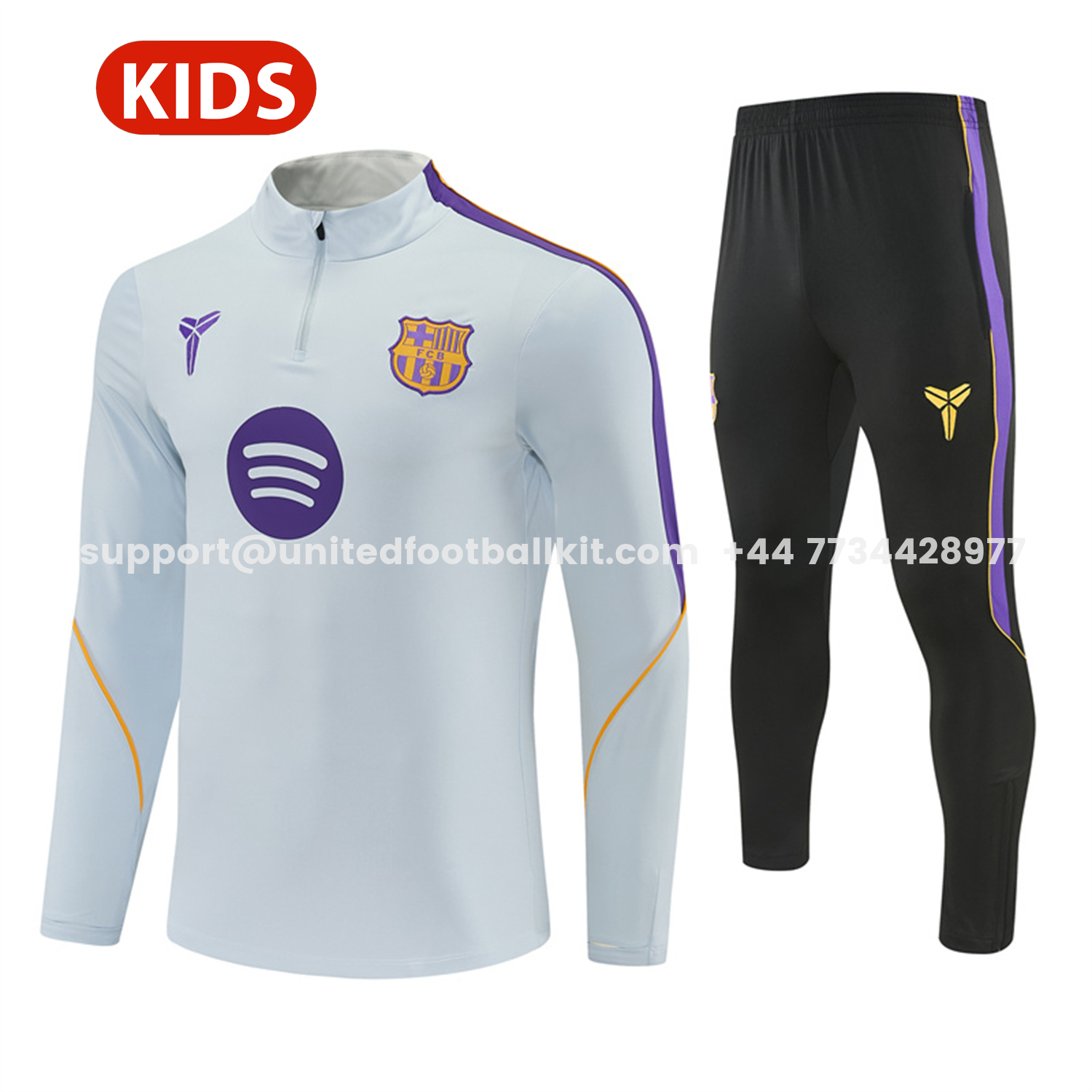 Unitedfootballkit.com | Barcelona 26-27 Kids Long Sleeves Training Set - Light Grey Top & Black Pants -Customize Name, Number and Patch | Worldwide Shipping