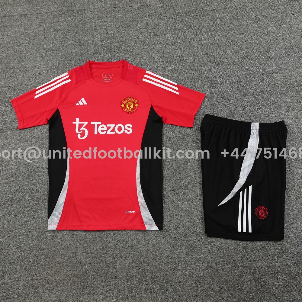 Unitedfootballkit.com | Manchester United 24-25 Short-Sleeve Training Set - Red Top and Black Shorts -Customize Name, Number and Patch | Worldwide Shipping