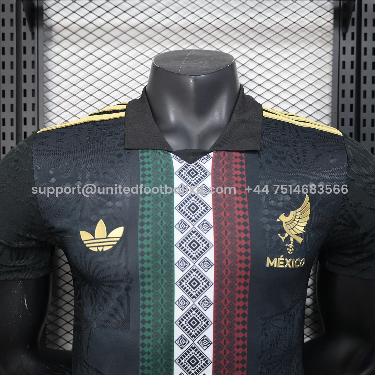 Unitedfootballkit.com | Mexico 25-26 Black Polo Jersey with Red White and Green Decorative Pattern - Player Version -Customize Name, Number and Patch | Worldwide Shipping