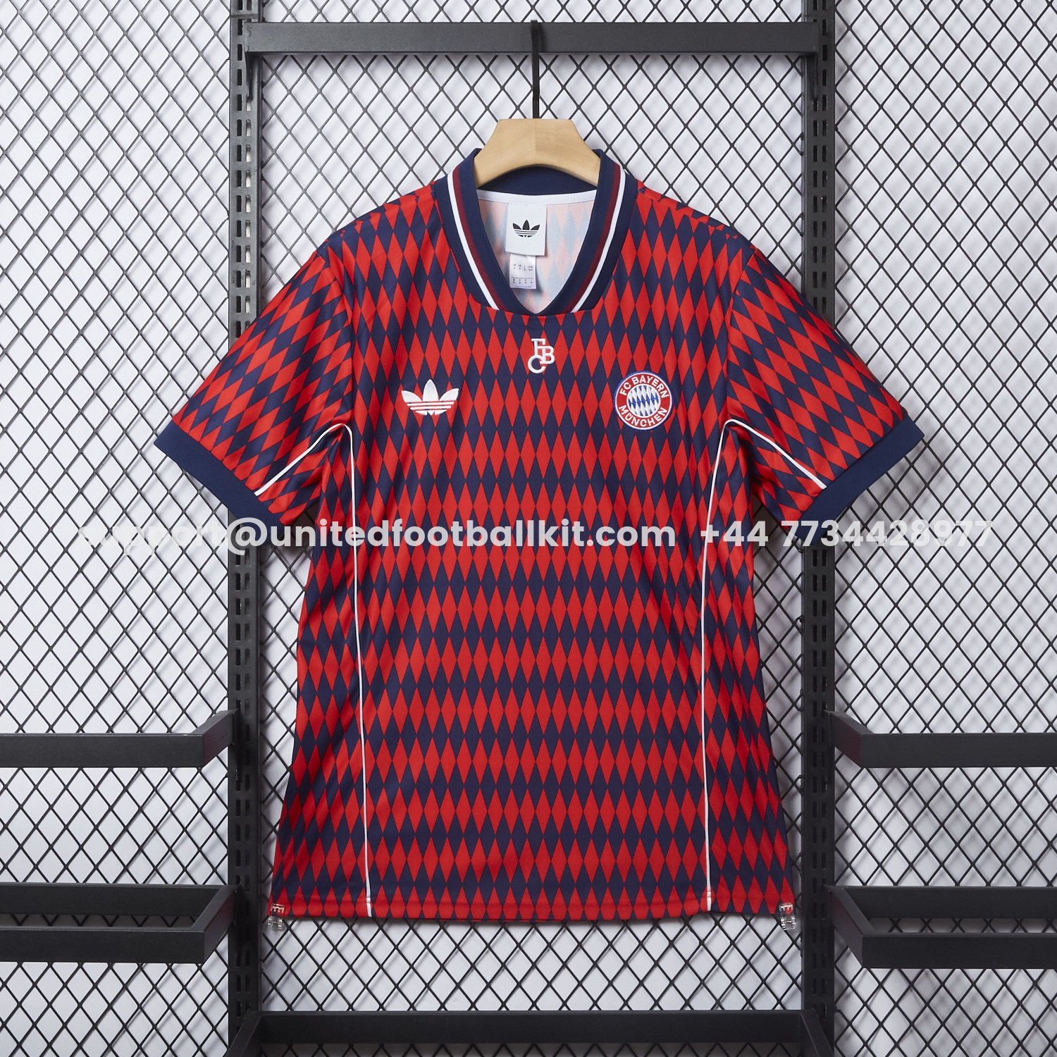 Unitedfootballkit.com | Bayern Munich 25-26 Trefoil Retro Style Red And Deep Blue Jersey - Fans Version -Customize Name, Number and Patch | Worldwide Shipping
