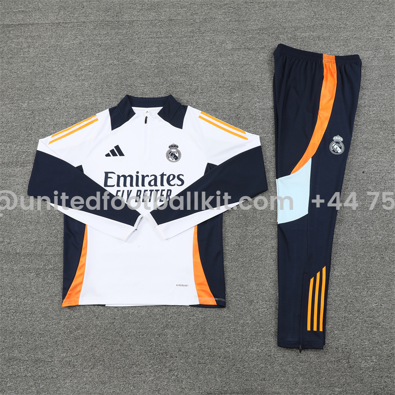 Unitedfootballkit.com | Real Madrid 24-25 Long Sleeve Training Set - White -Customize Name, Number and Patch | Worldwide Shipping