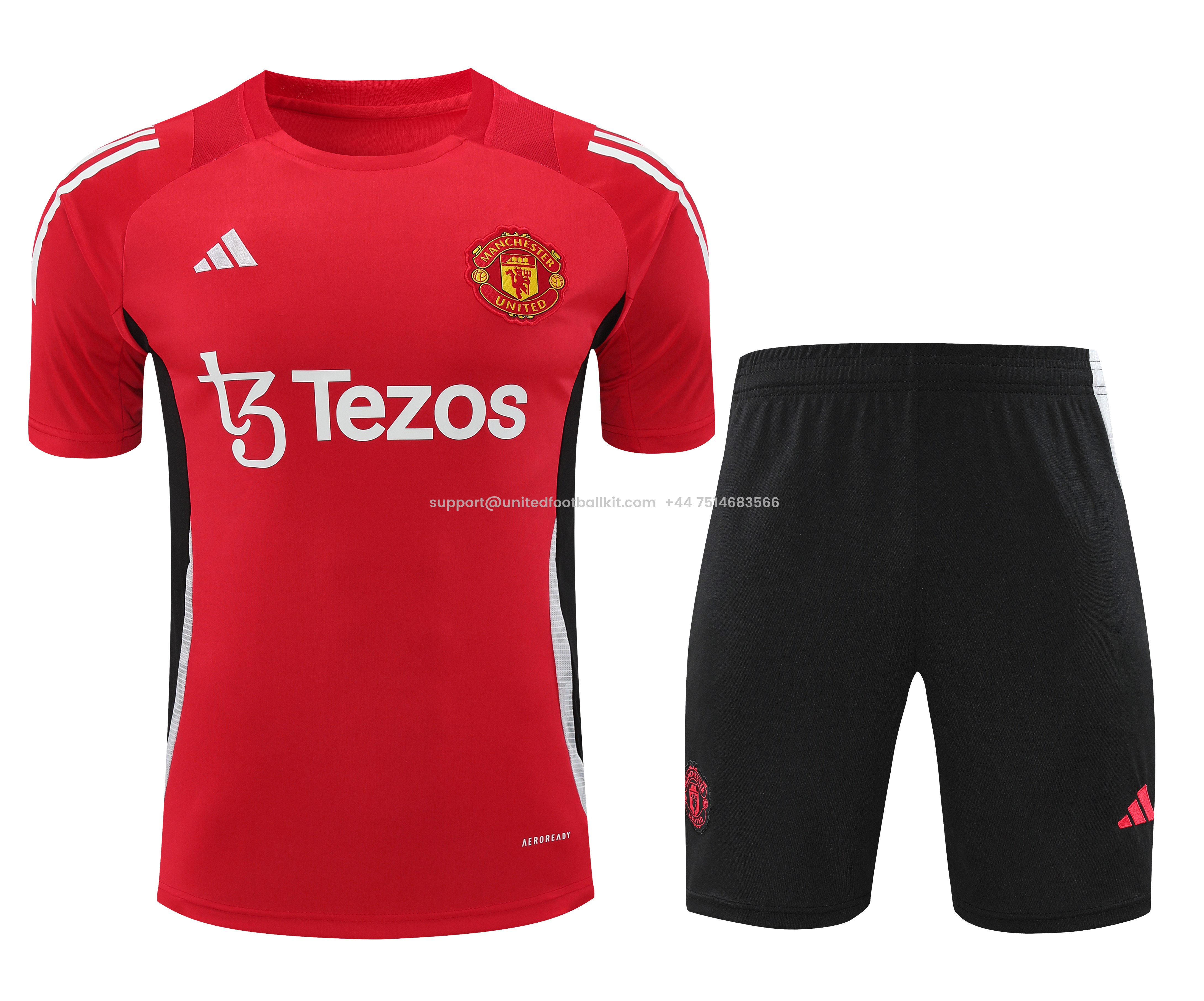 Unitedfootballkit.com | Manchester United 24-25 Short-Sleeve Training Set - Red Top and Black Shorts -Customize Name, Number and Patch | Worldwide Shipping