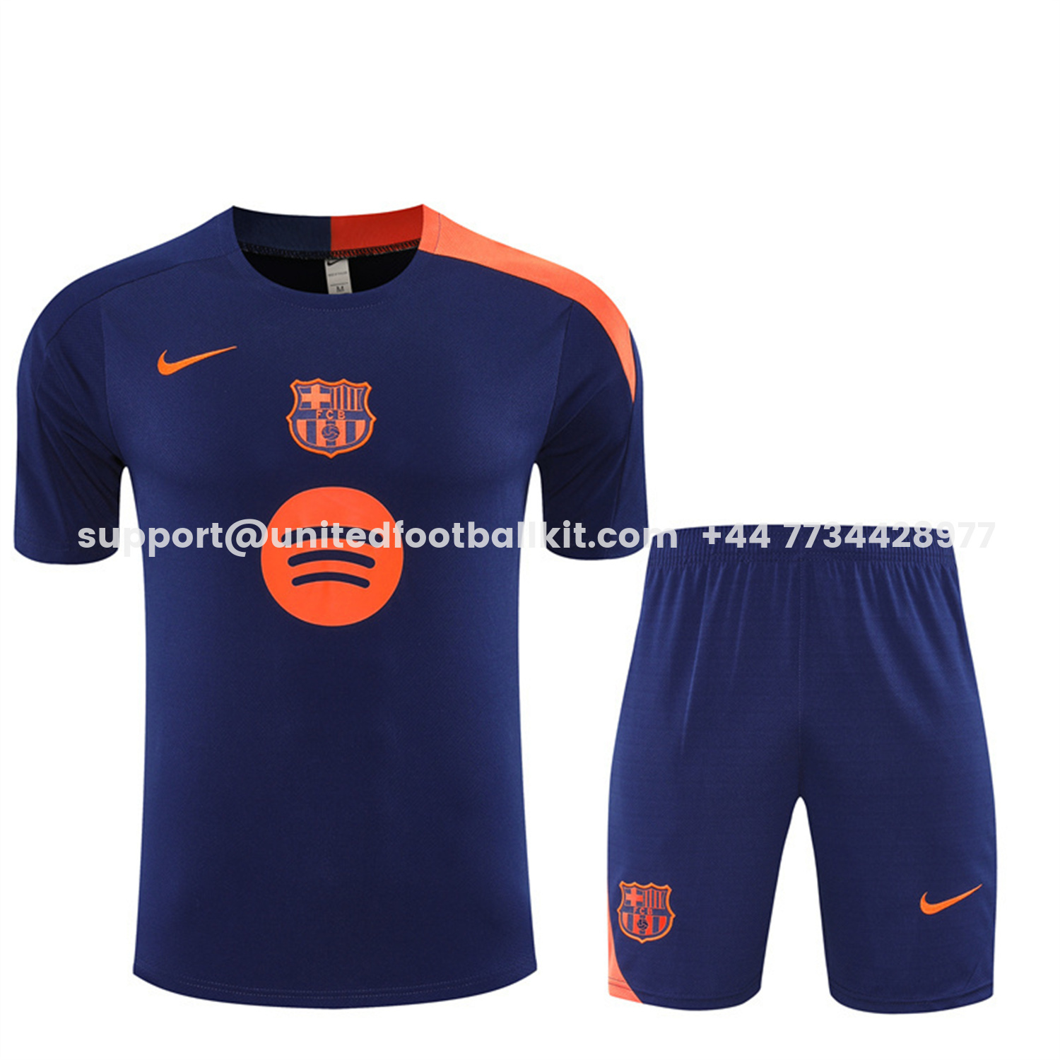 Unitedfootballkit.com | Barcelona 25-26 Kids Short-Sleeve Training Set - Royal Blue Top Orange Sponsor & Royal Blue Shorts -Customize Name, Number and Patch | Worldwide Shipping
