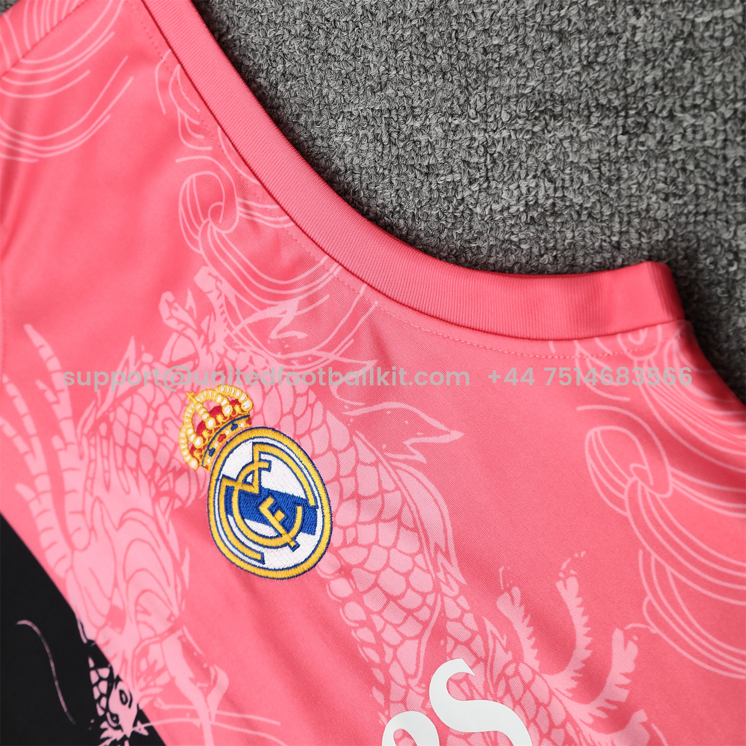 Unitedfootballkit.com | Real Madrid 25-26 Vest Training Set - Pink-Black Dragon Vest & Black-White Shorts -Customize Name, Number and Patch | Worldwide Shipping