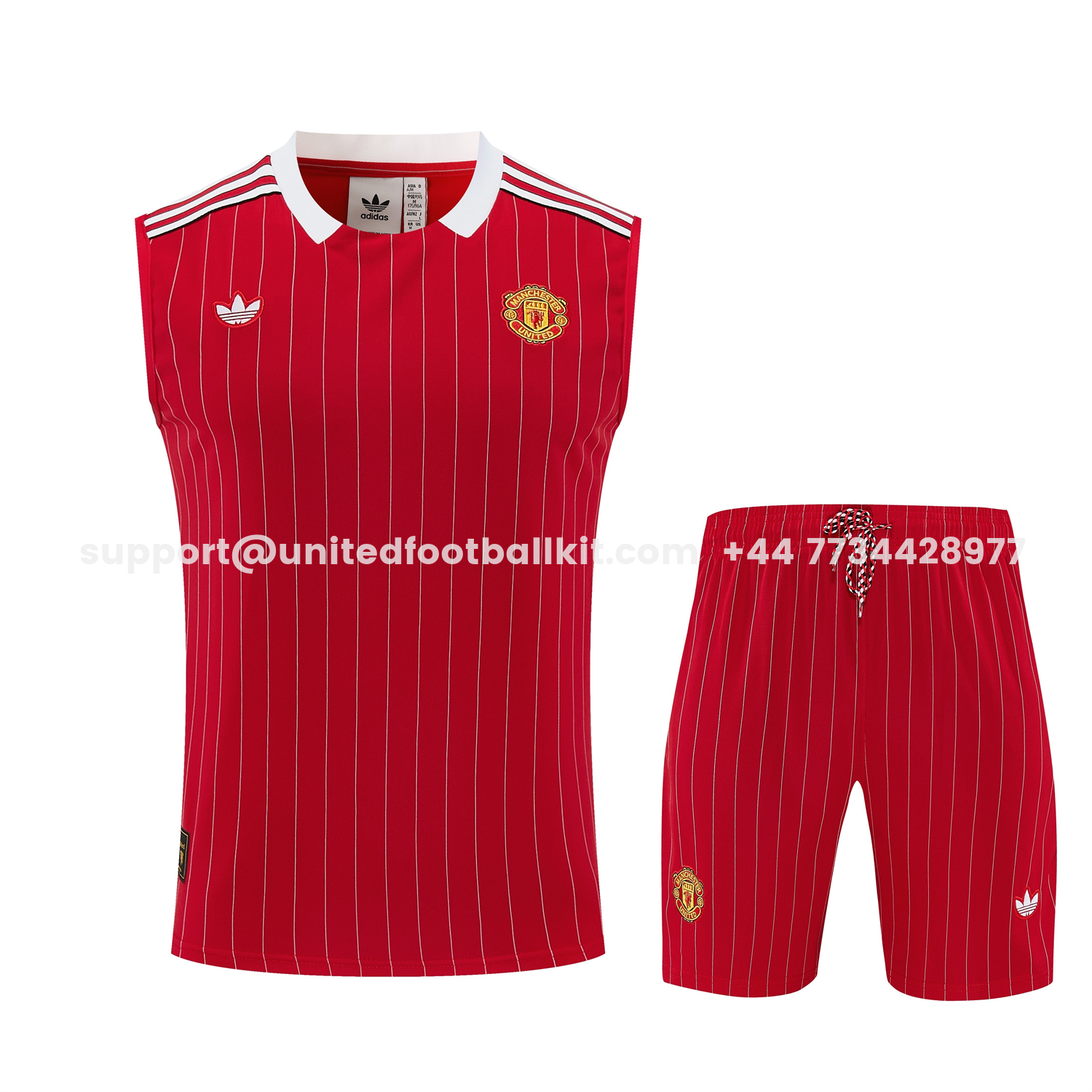 Unitedfootballkit.com | Manchester United 25-26 Retro Style Vest Training Set - Red With White Stripes Top & Pants -Customize Name, Number and Patch | Worldwide Shipping
