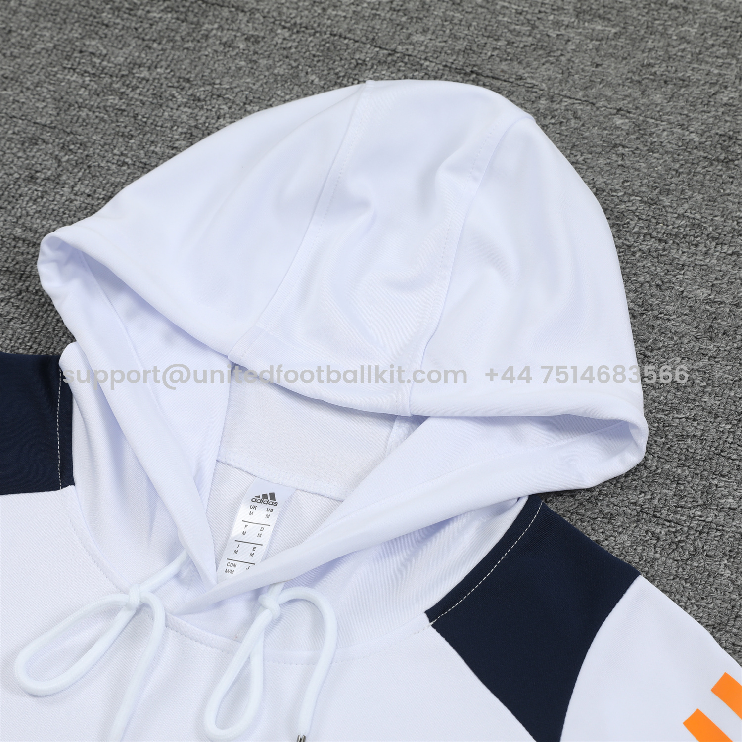 Unitedfootballkit.com | Real Madrid 24-25 Training Hoodie Set - White Hoodie and Deep Blue Pants -Customize Name, Number and Patch | Worldwide Shipping