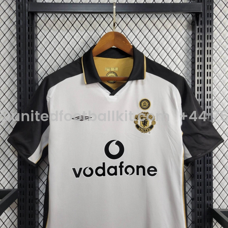 Unitedfootballkit.com | Retro Manchester United 01-02 100th Anniversary Special Edition Jersey - White & Gold -Customize Name, Number and Patch | Worldwide Shipping