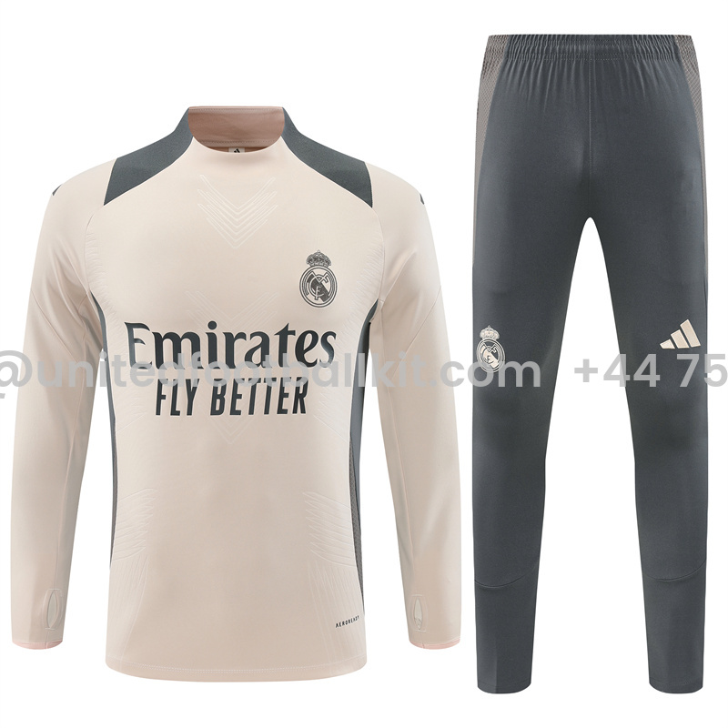 Unitedfootballkit.com | Real Madrid 24-25 Long Sleeve Training Set - Player Version - Apricot -Customize Name, Number and Patch | Worldwide Shipping