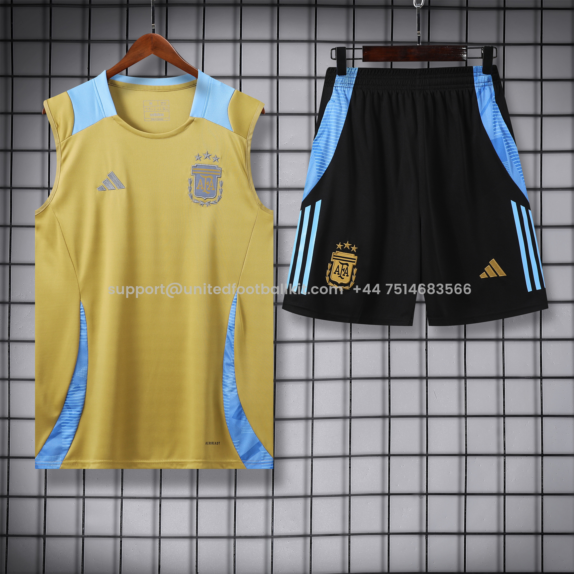 Unitedfootballkit.com | Argentina 24-25 Vest Training Set - Gold -Customize Name, Number and Patch | Worldwide Shipping
