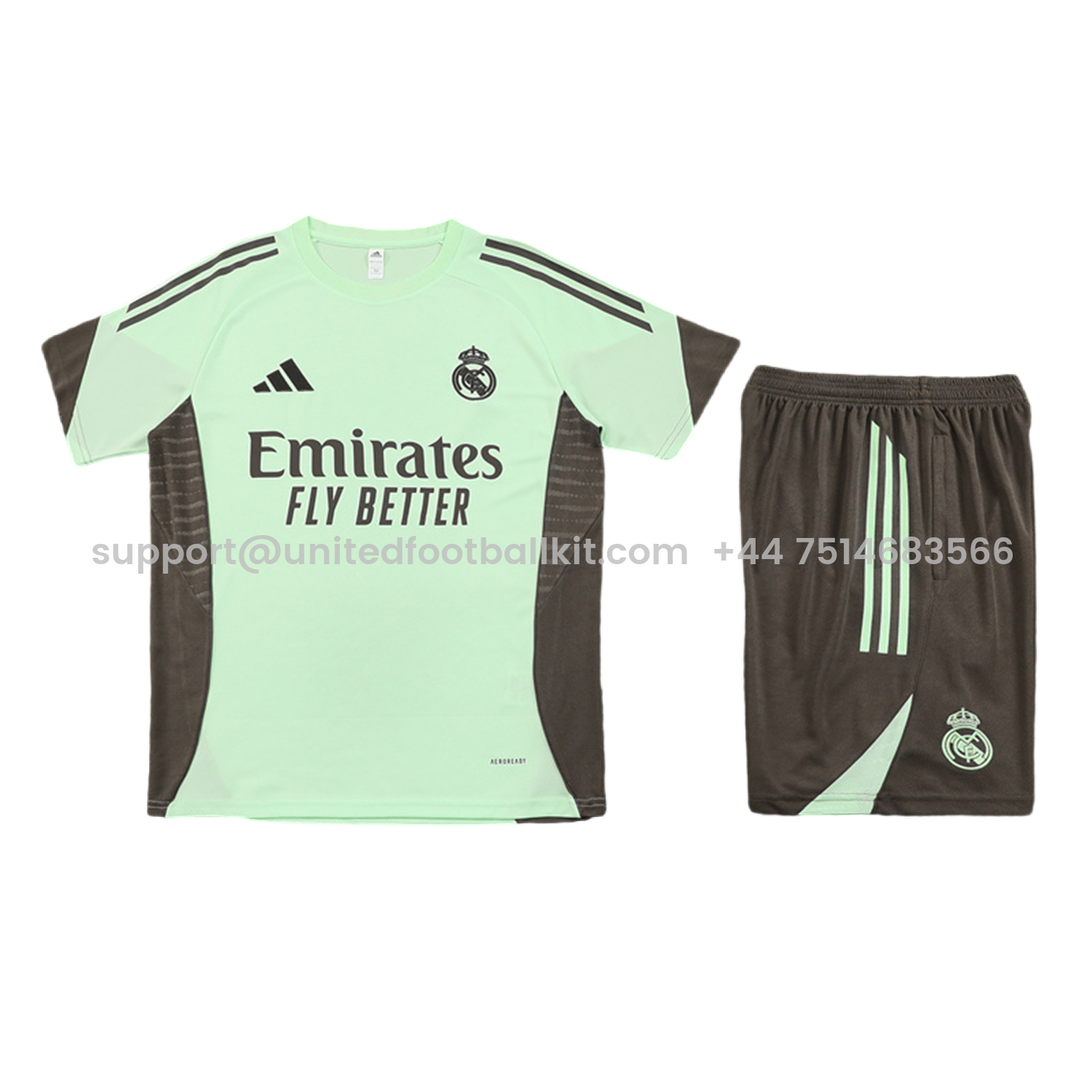 Unitedfootballkit.com | Real Madrid 25-26 Short-Sleeve Training Set - Light Green Top and Dark Khaki Shorts -Customize Name, Number and Patch | Worldwide Shipping