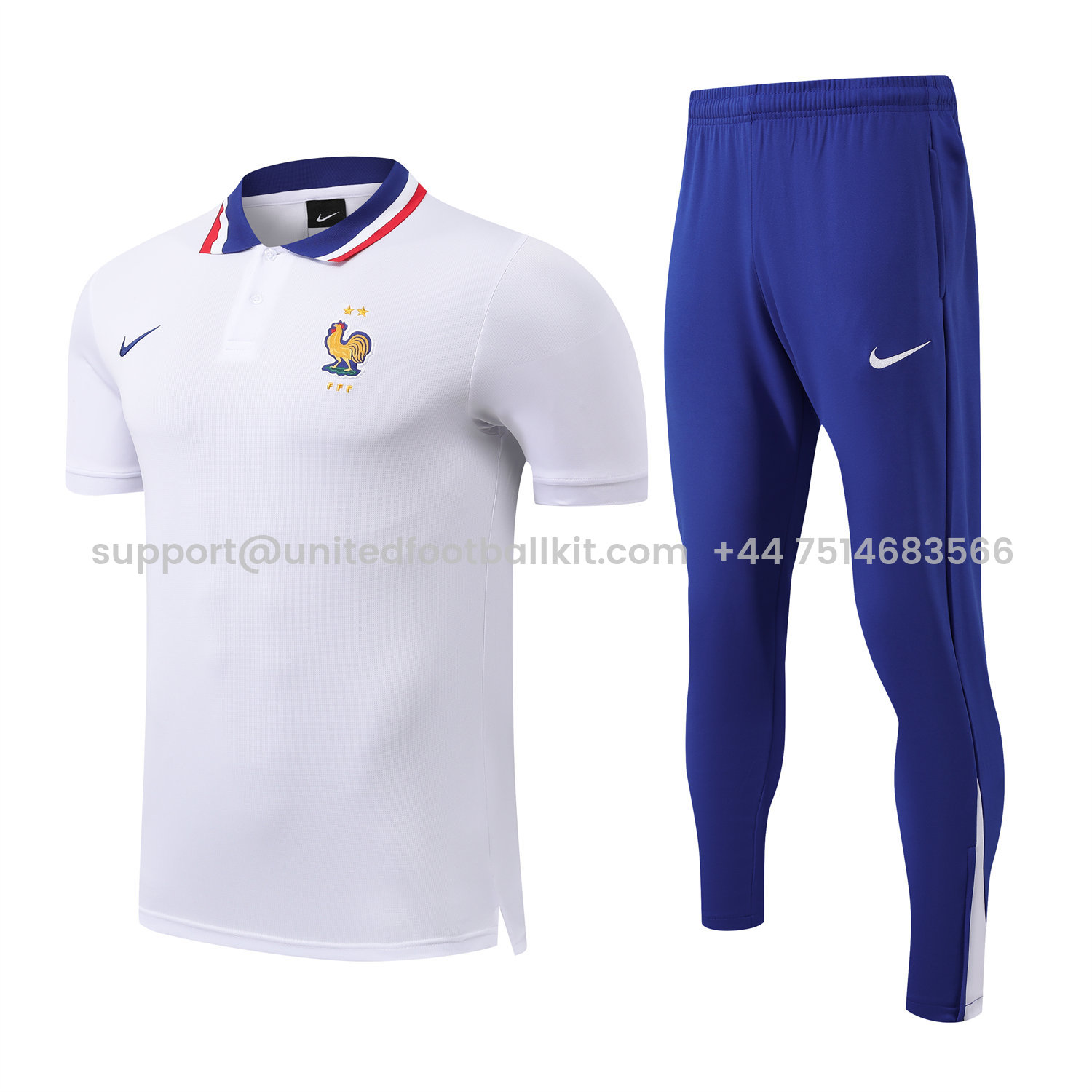 Unitedfootballkit.com | France 25-26 POLO Short-Sleeve Training Set - White Top and Blue Pants -Customize Name, Number and Patch | Worldwide Shipping