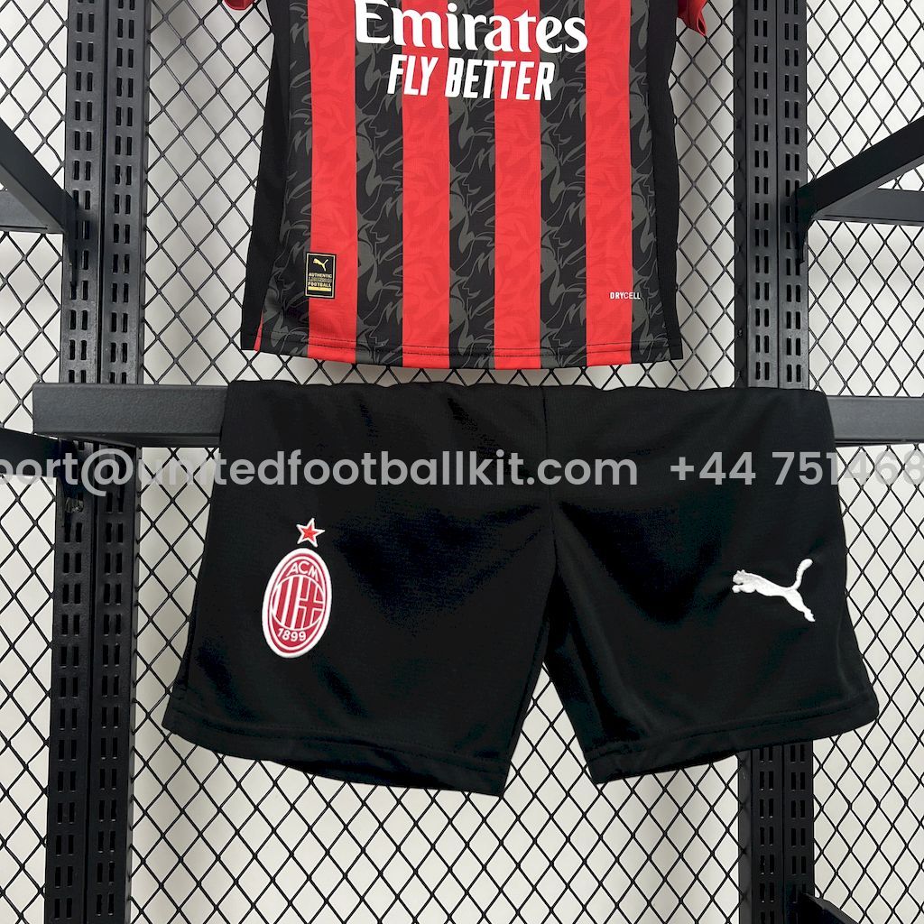 Unitedfootballkit.com | AC Milan 25-26 Home Kids Kit -Customize Name, Number and Patch | Worldwide Shipping