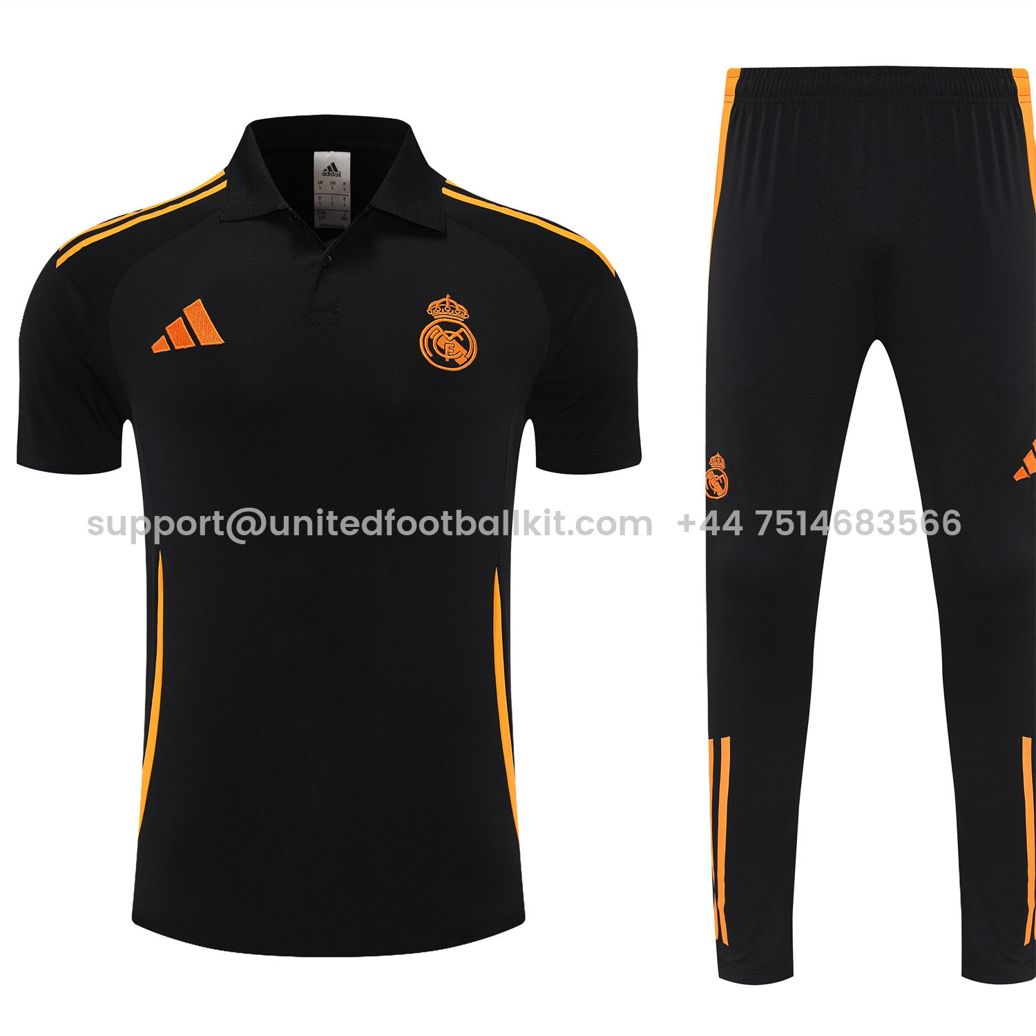 Unitedfootballkit.com | Real Madrid 25-26 POLO Short-Sleeve Training Set - Black Top and Pants with Yellow Stripes -Customize Name, Number and Patch | Worldwide Shipping