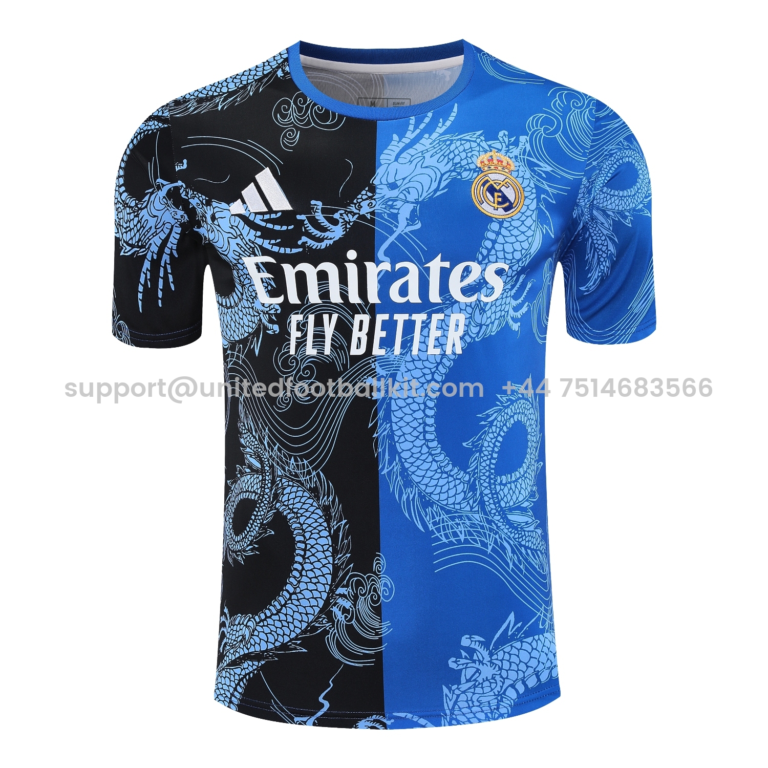 Unitedfootballkit.com | Real Madrid 25-26 Short-Sleeve Training Set - Blue Black Dragon Top & Black-White Shorts -Customize Name, Number and Patch | Worldwide Shipping
