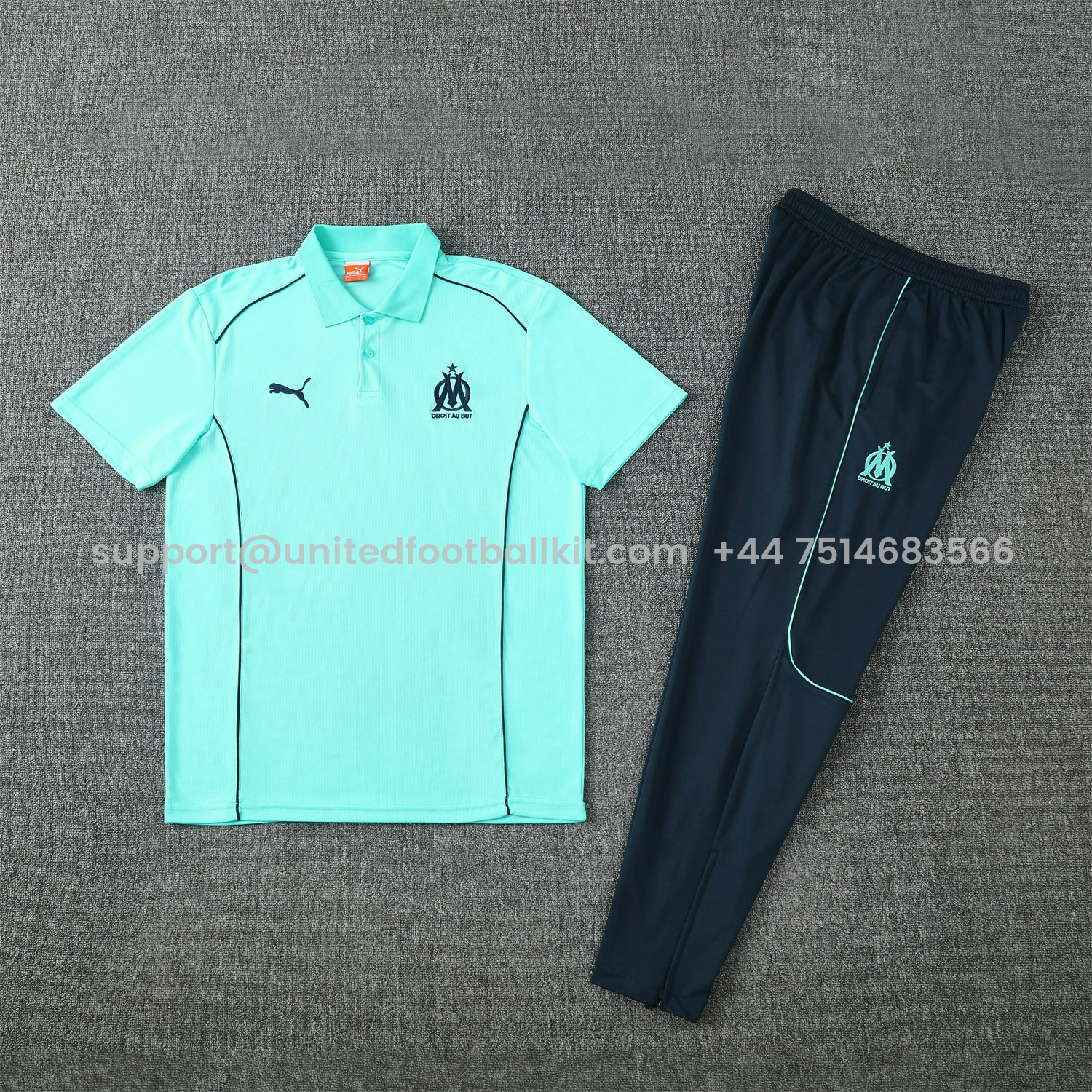 Unitedfootballkit.com | Marseille 25-26 POLO Short-Sleeve Training Set - Cyan Top and Deep Blue Pants -Customize Name, Number and Patch | Worldwide Shipping