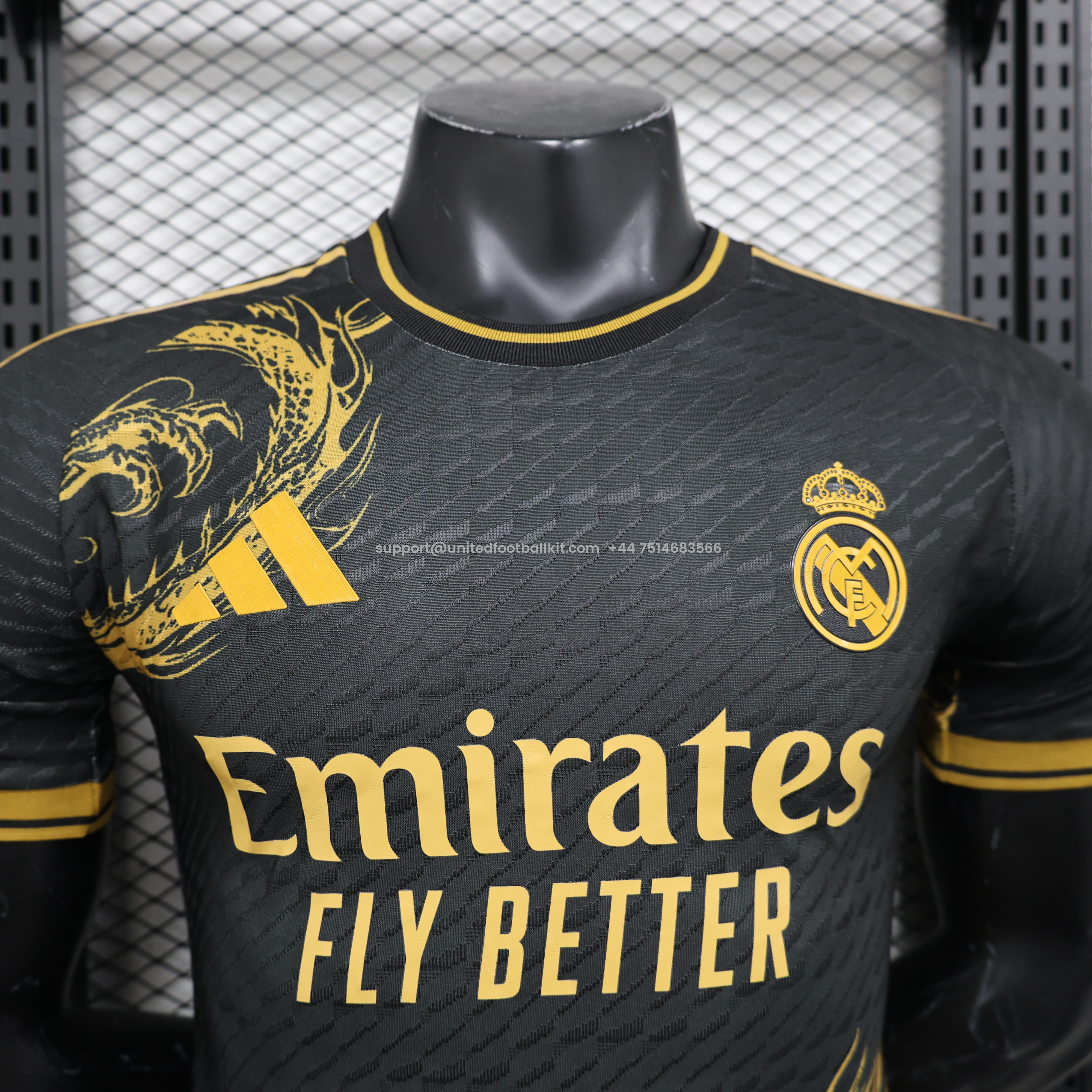 Unitedfootballkit.com | Real Madrid 24-25 Gold Dragon Special Edition Black Jersey - Player Version -Customize Name, Number and Patch | Worldwide Shipping