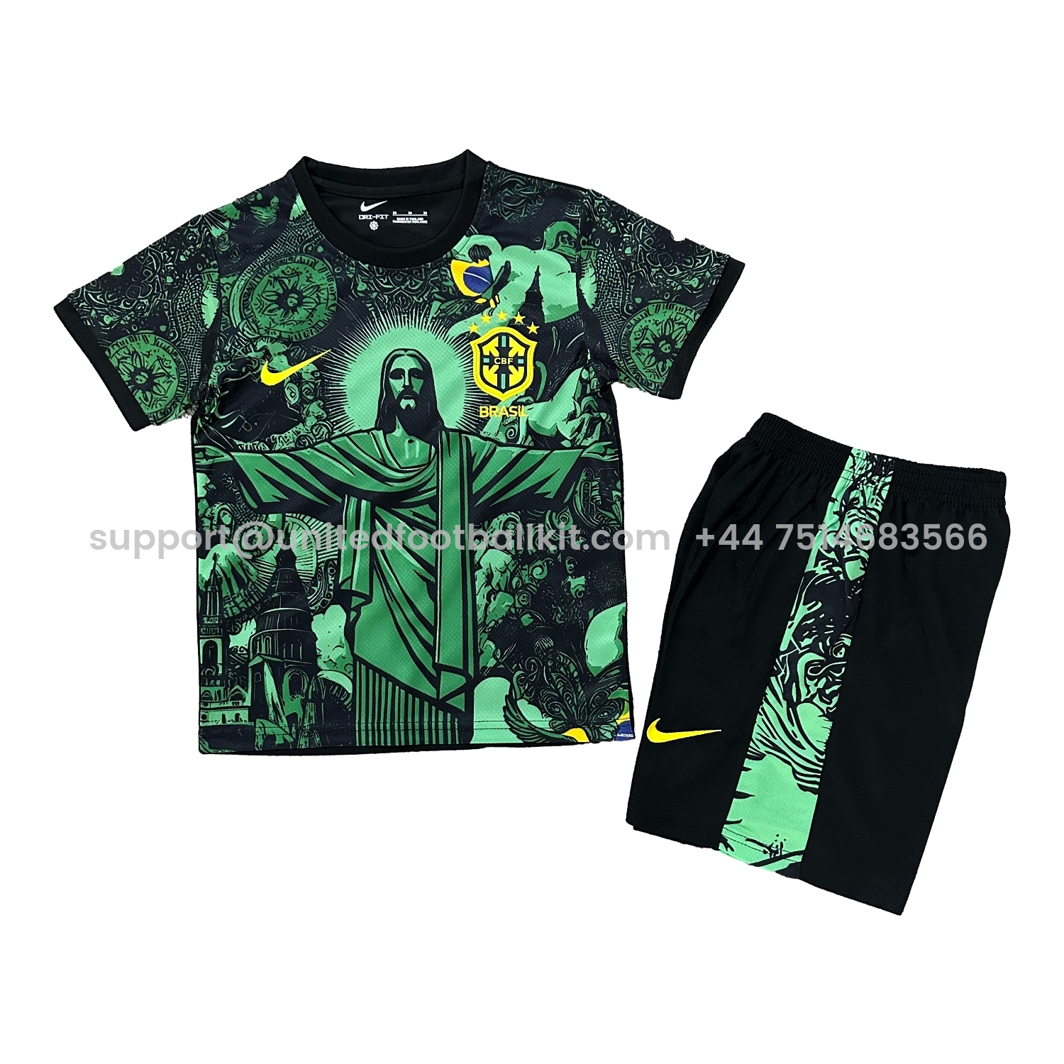 Unitedfootballkit.com | Brazil 25-26 Christ the Redeemer Statue Kids Kit - Green -Customize Name, Number and Patch | Worldwide Shipping