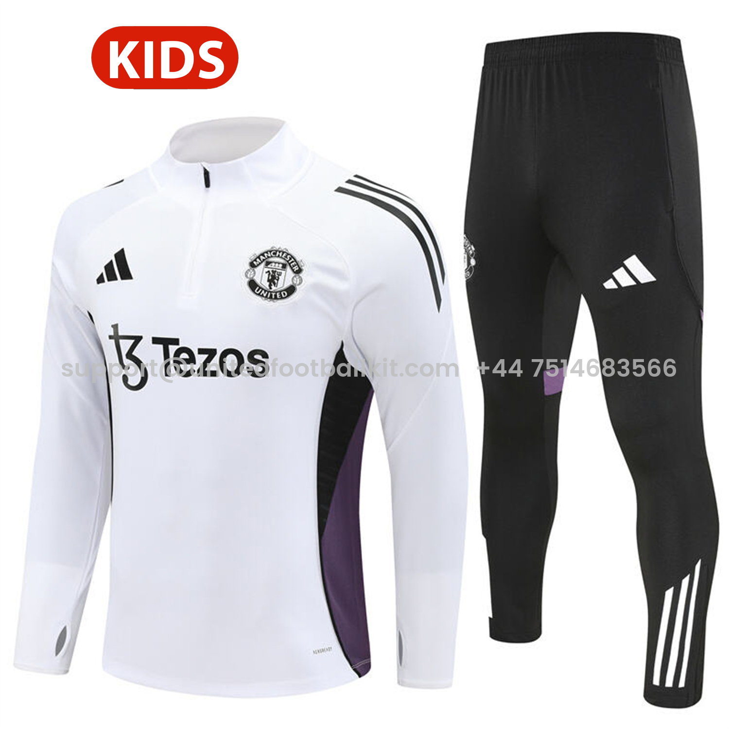Unitedfootballkit.com | Manchester United 25-26 Kids Long Sleeve Training Set - White Top & Black Pants -Customize Name, Number and Patch | Worldwide Shipping