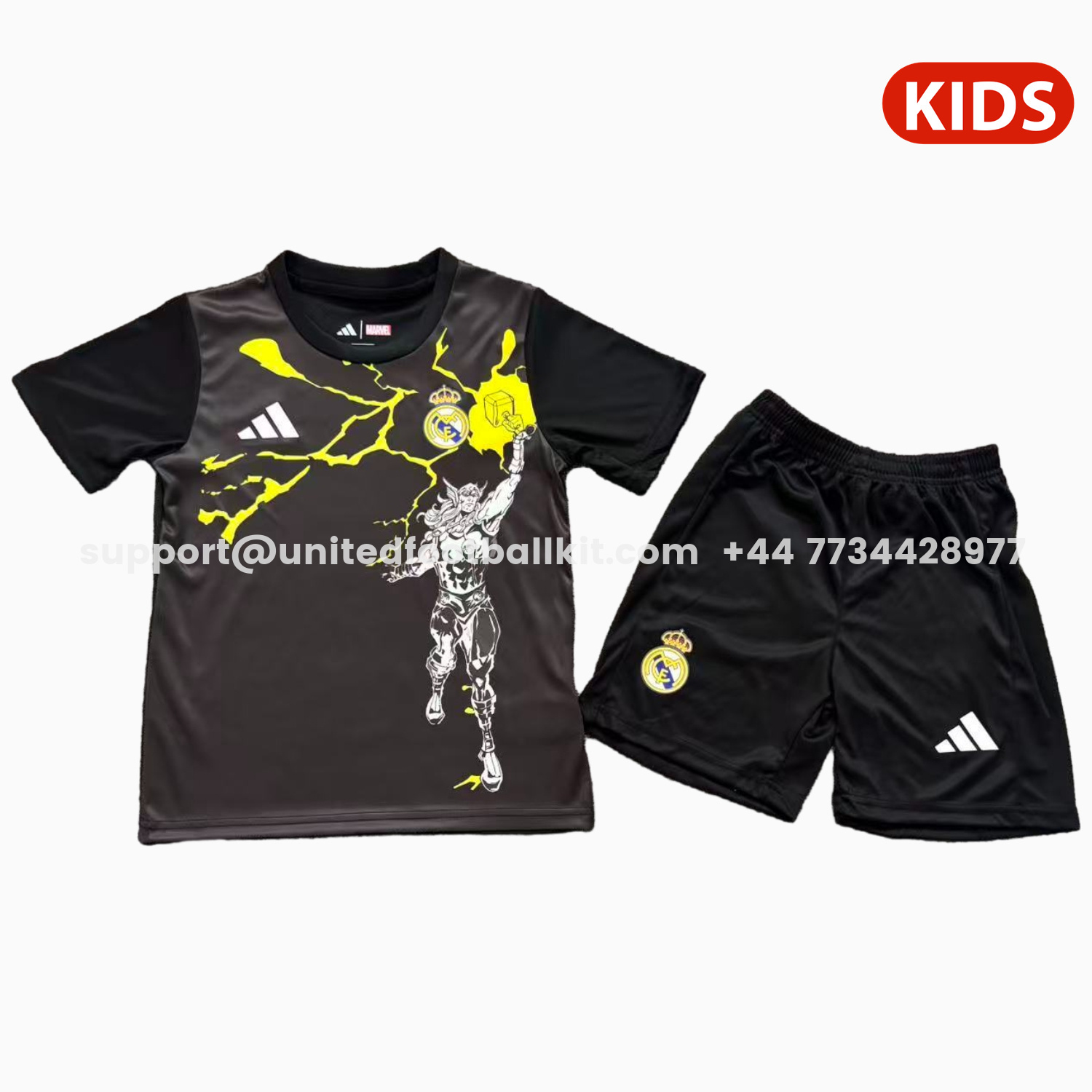 Unitedfootballkit.com | Real Madrid 25-26 Black Thunder Comics Special Kids Kit -Customize Name, Number and Patch | Worldwide Shipping