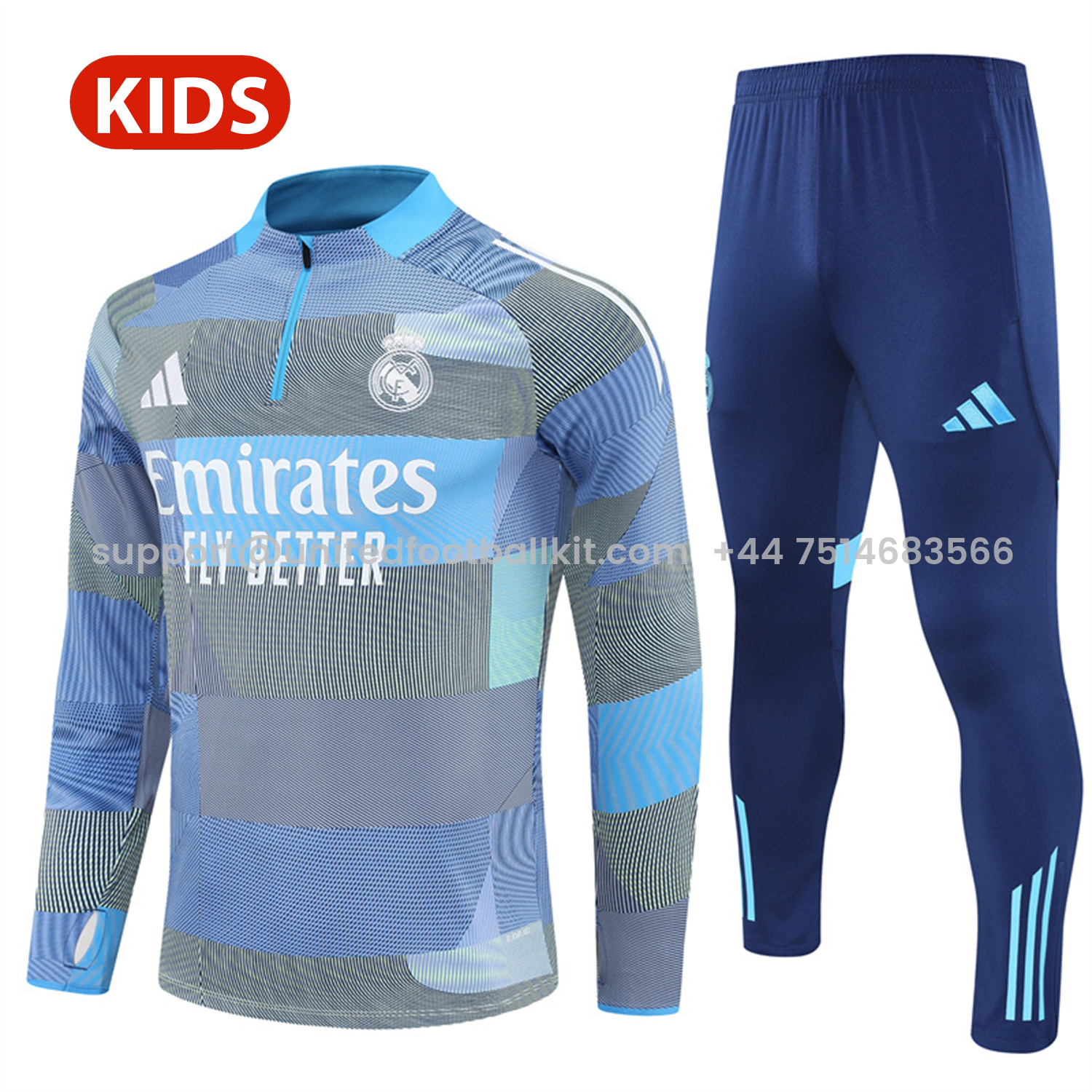 Unitedfootballkit.com | Real Madrid 25-26 Kids Long Sleeves Training Set - Blue-Gray Camouflage Top & Blue Pants -Customize Name, Number and Patch | Worldwide Shipping