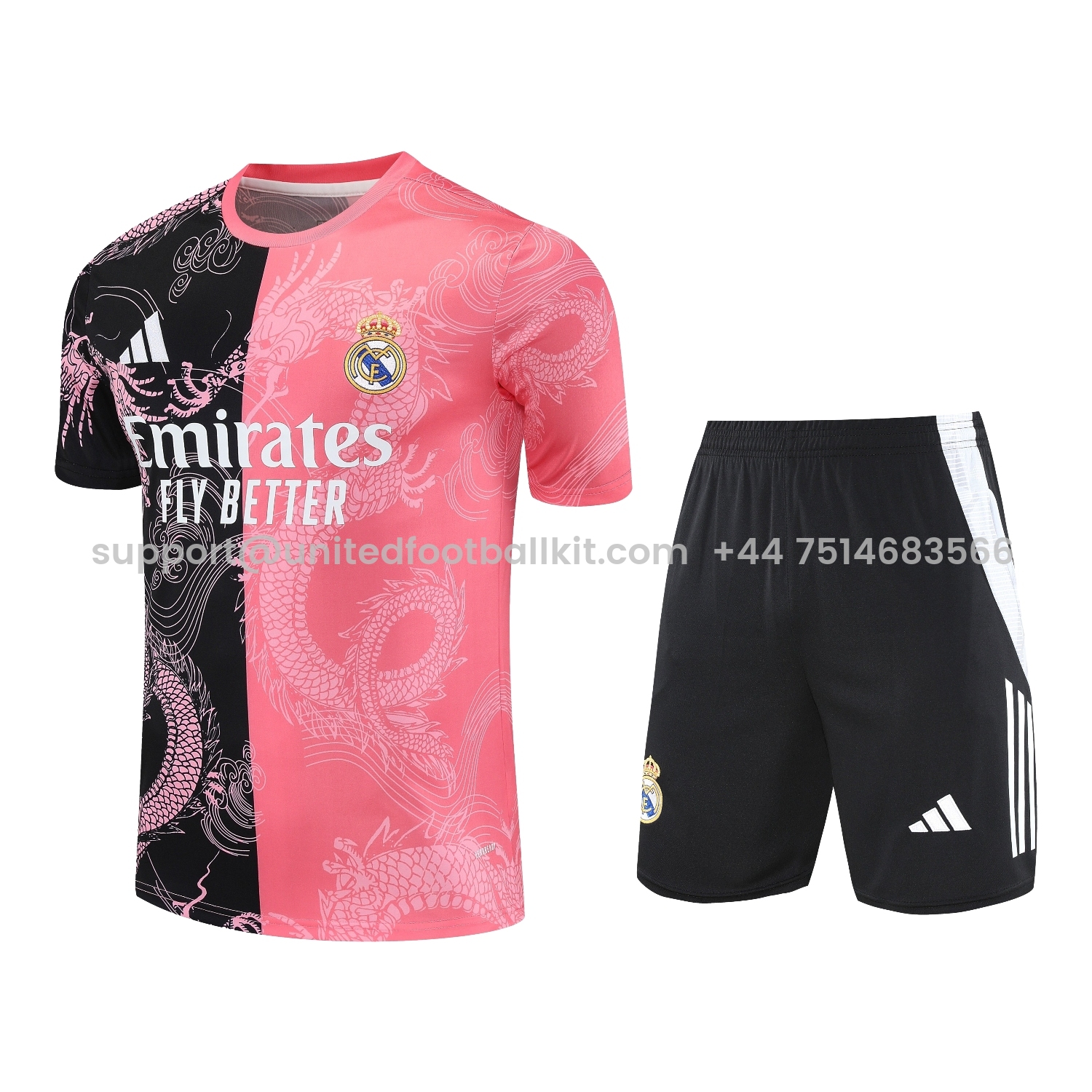 Unitedfootballkit.com | Real Madrid 25-26 Short-Sleeve Training Set - Pink-Black Dragon Top & Black-White Shorts -Customize Name, Number and Patch | Worldwide Shipping